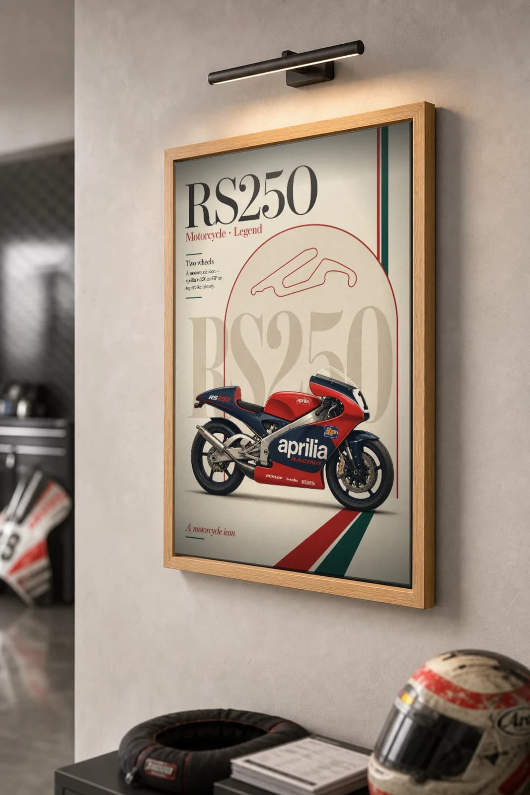 Aprilia RS250 Poster — Heritage MotoGP Legends Motorcycle Wall Art · framed A2 — the framed print shown at a three-quarter angle on a styled gallery wall in a natural-oak frame
