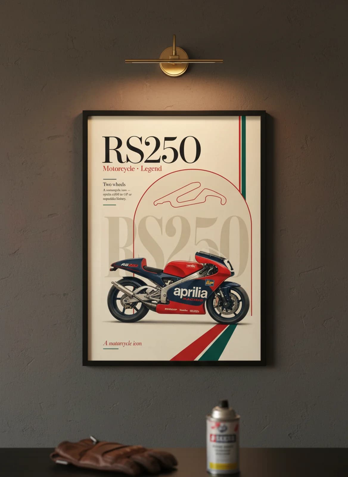 RS250 MotoGP Legends print in black A2 frame on aprilia-black-red charcoal garage wall — motorcycle lounge mockup
