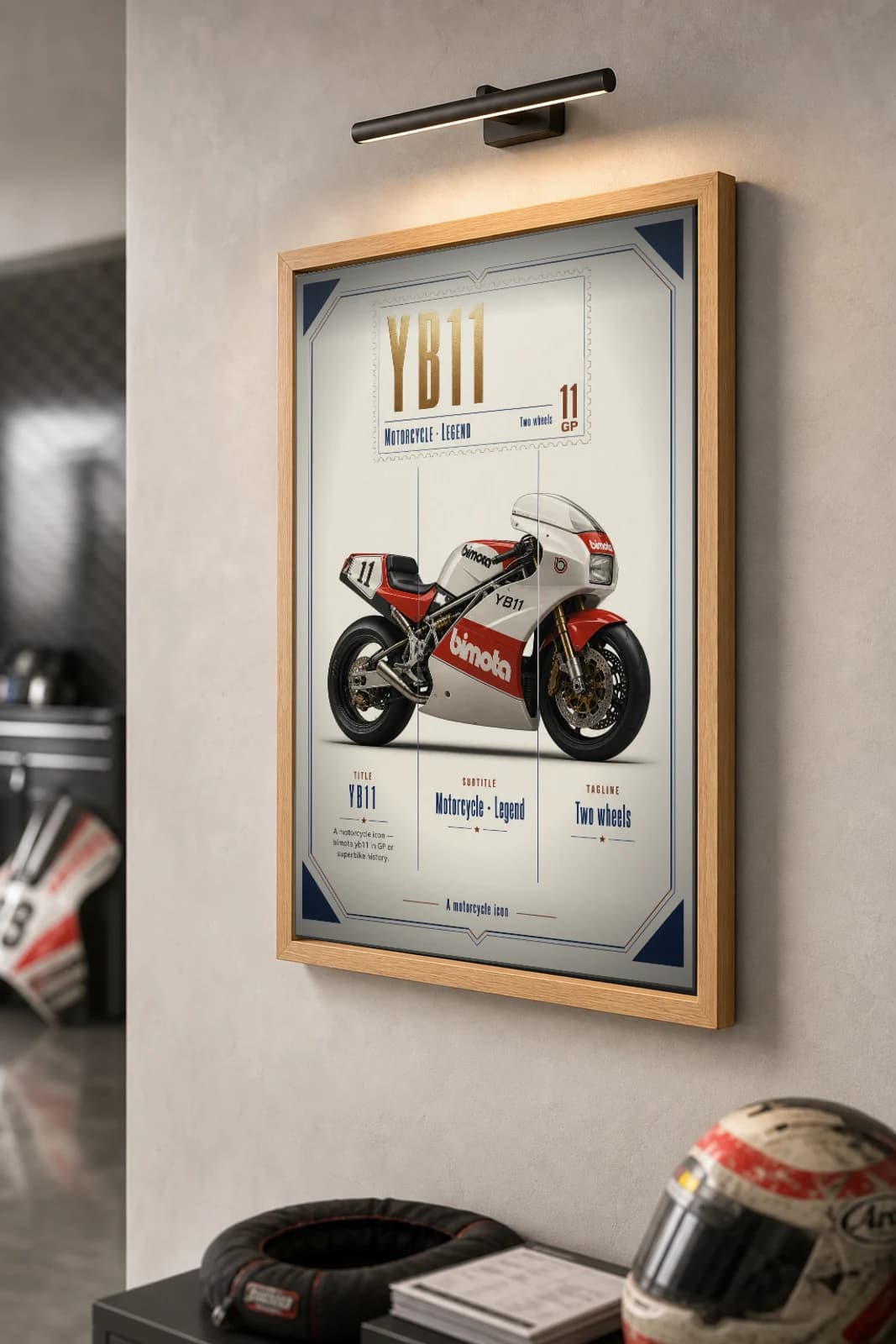 Bimota YB11 Poster — Heritage MotoGP Legends Motorcycle Wall Art · framed A2 — the framed print shown at a three-quarter angle on a styled gallery wall in a natural-oak frame