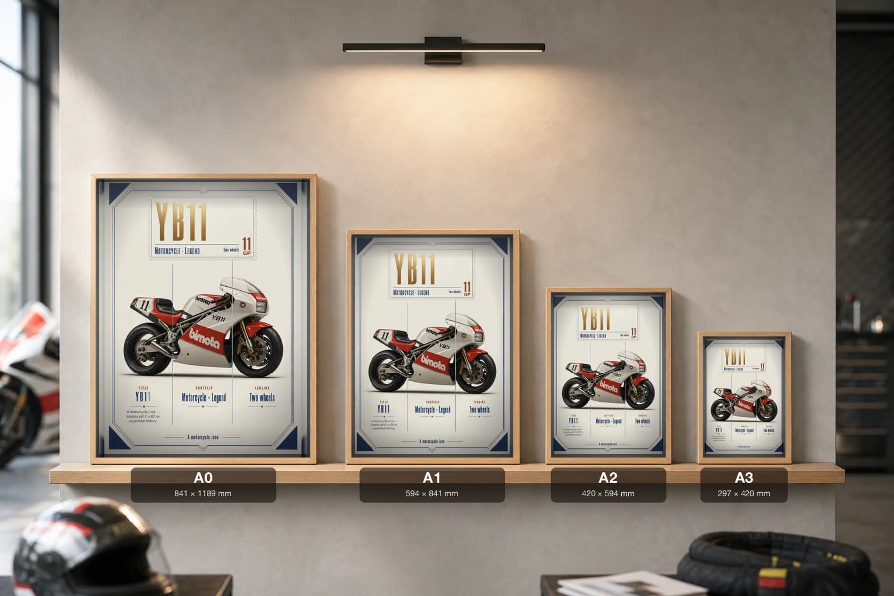 Bimota YB11 Poster — Heritage MotoGP Legends Motorcycle Wall Art · framed A2 — print size guide showing the artwork at A0, A1, A2 and A3 in natural-oak frames at true relative scale