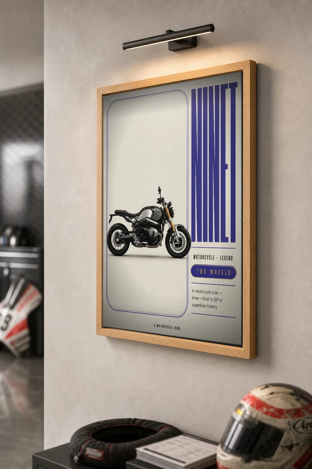 Bmw R NINET Poster — Heritage MotoGP Legends Motorcycle Wall Art · framed A2 — the framed print shown at a three-quarter angle on a styled gallery wall in a natural-oak frame