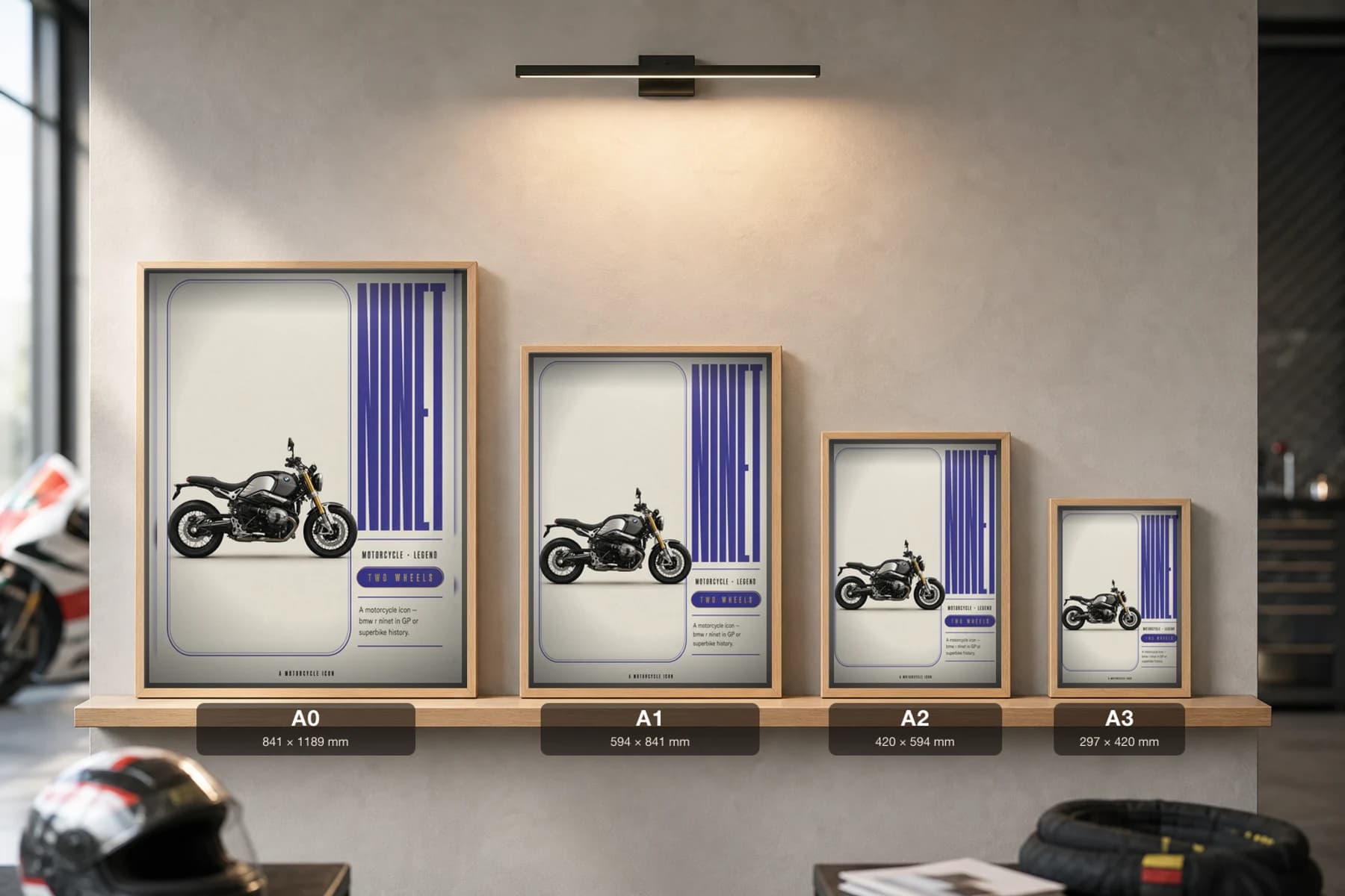 Bmw R NINET Poster — Heritage MotoGP Legends Motorcycle Wall Art · framed A2 — print size guide showing the artwork at A0, A1, A2 and A3 in natural-oak frames at true relative scale