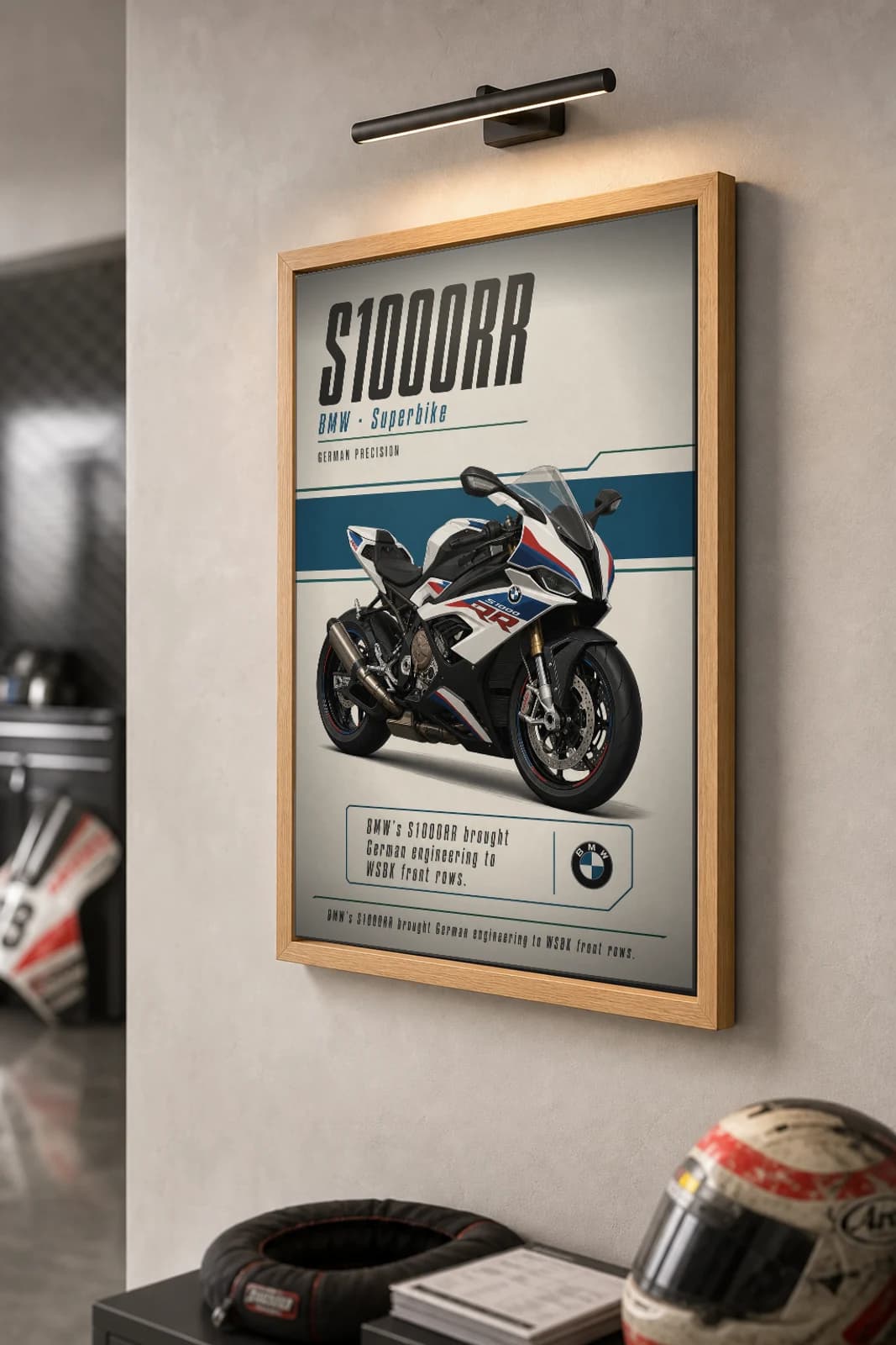 Bmw S1000RR Poster — Heritage MotoGP Legends Motorcycle Wall Art · framed A2 — the framed print shown at a three-quarter angle on a styled gallery wall in a natural-oak frame