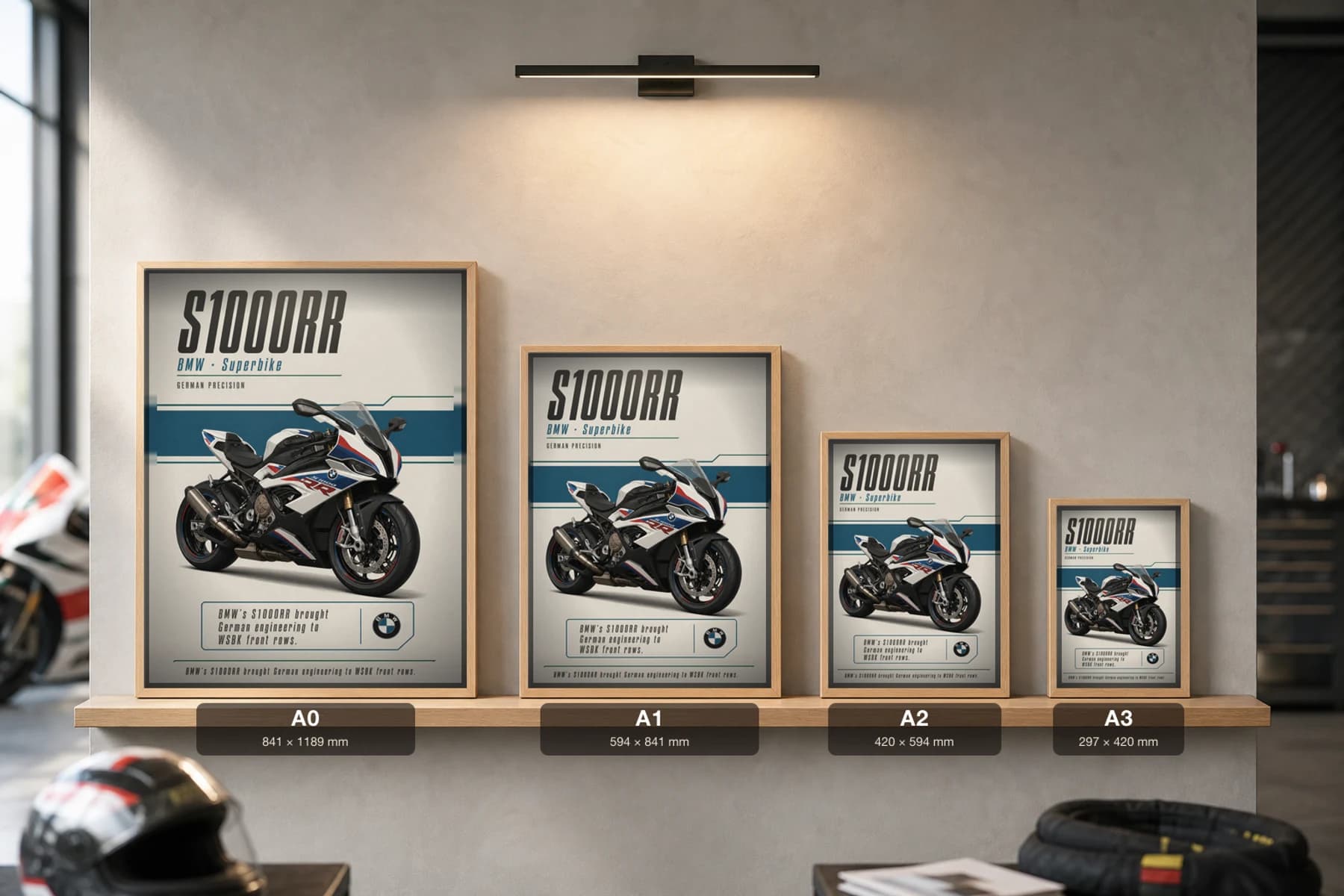Bmw S1000RR Poster — Heritage MotoGP Legends Motorcycle Wall Art · framed A2 — print size guide showing the artwork at A0, A1, A2 and A3 in natural-oak frames at true relative scale