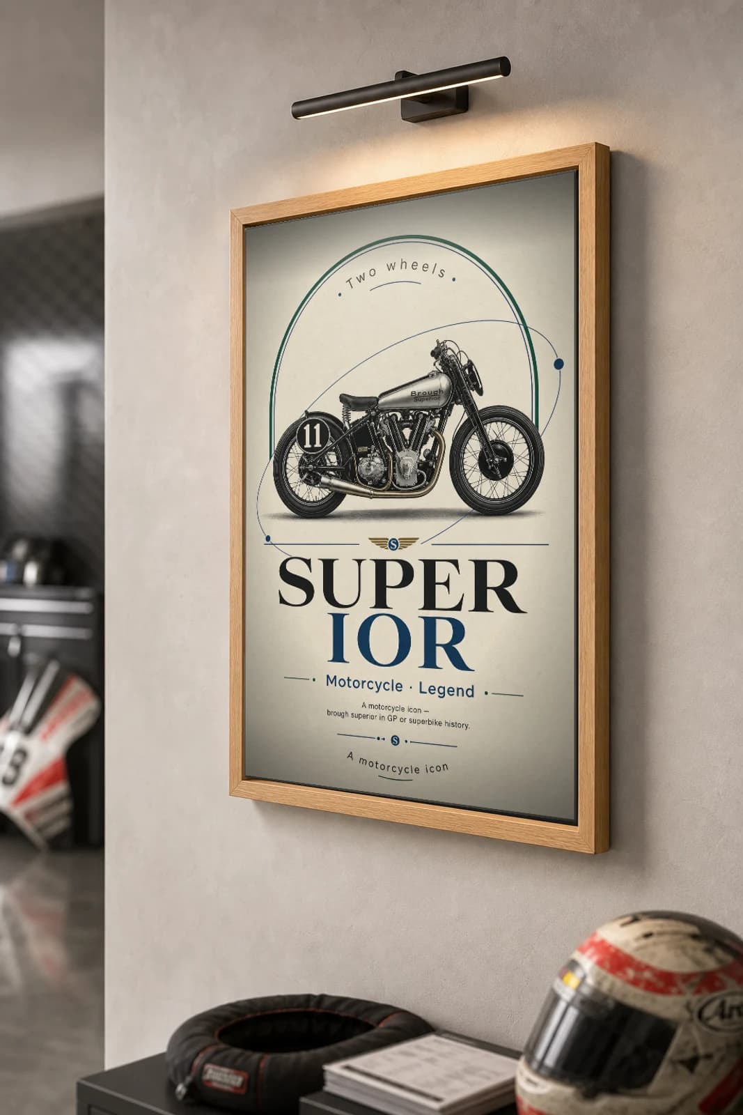 Brough SUPERIOR Poster — Heritage MotoGP Legends Motorcycle Wall Art · framed A2 — the framed print shown at a three-quarter angle on a styled gallery wall in a natural-oak frame