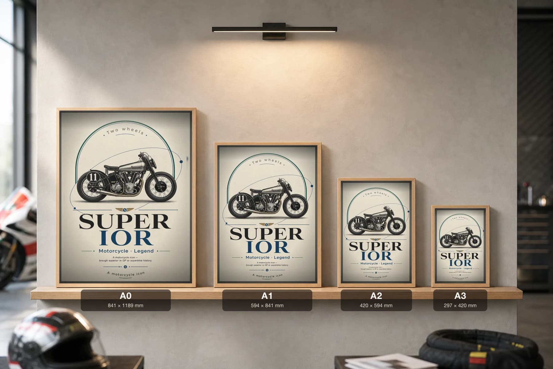 Brough SUPERIOR Poster — Heritage MotoGP Legends Motorcycle Wall Art · framed A2 — print size guide showing the artwork at A0, A1, A2 and A3 in natural-oak frames at true relative scale