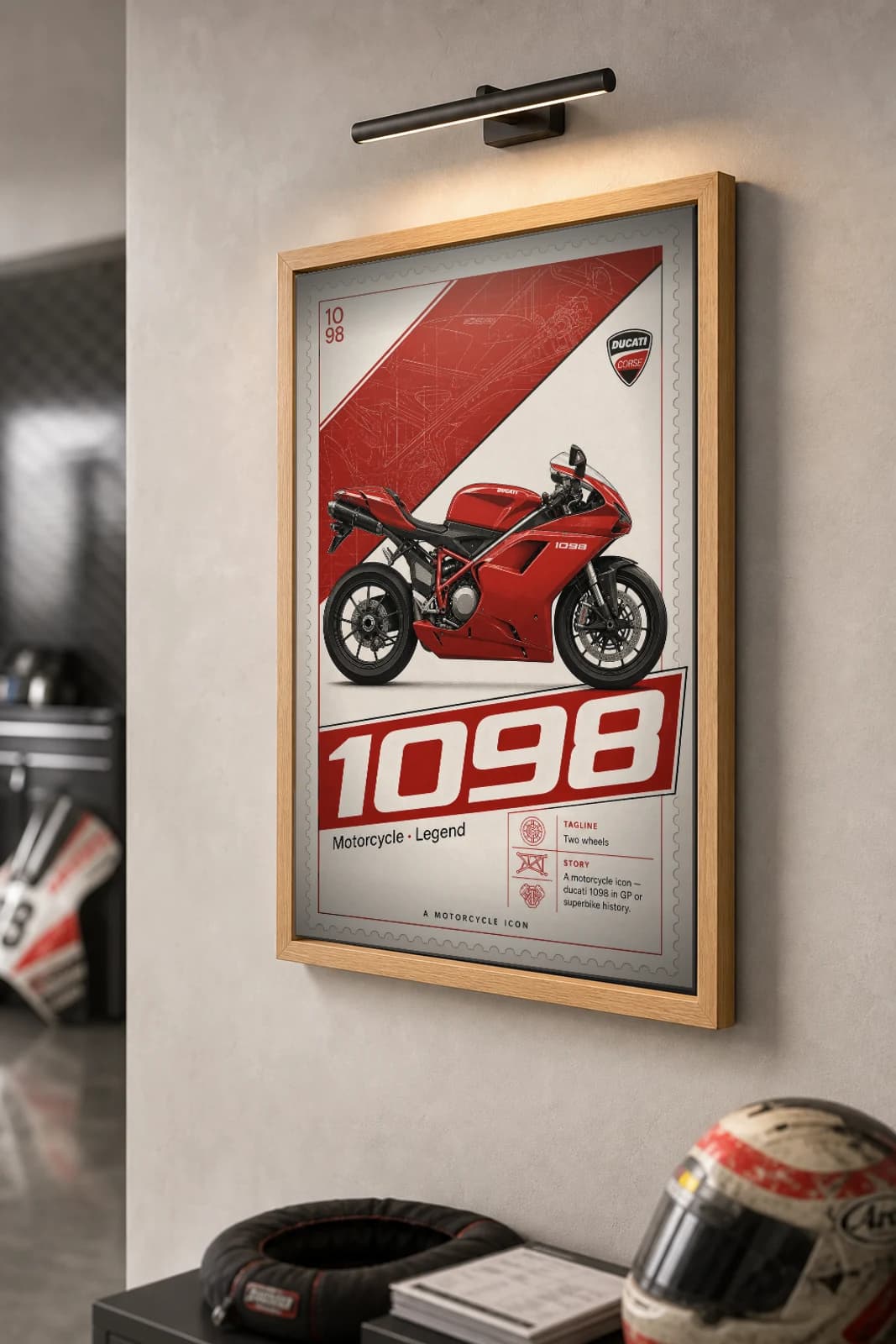 Ducati 1098 Poster — 1098 MotoGP Legends Motorcycle Wall Art · framed A2 — the framed print shown at a three-quarter angle on a styled gallery wall in a natural-oak frame
