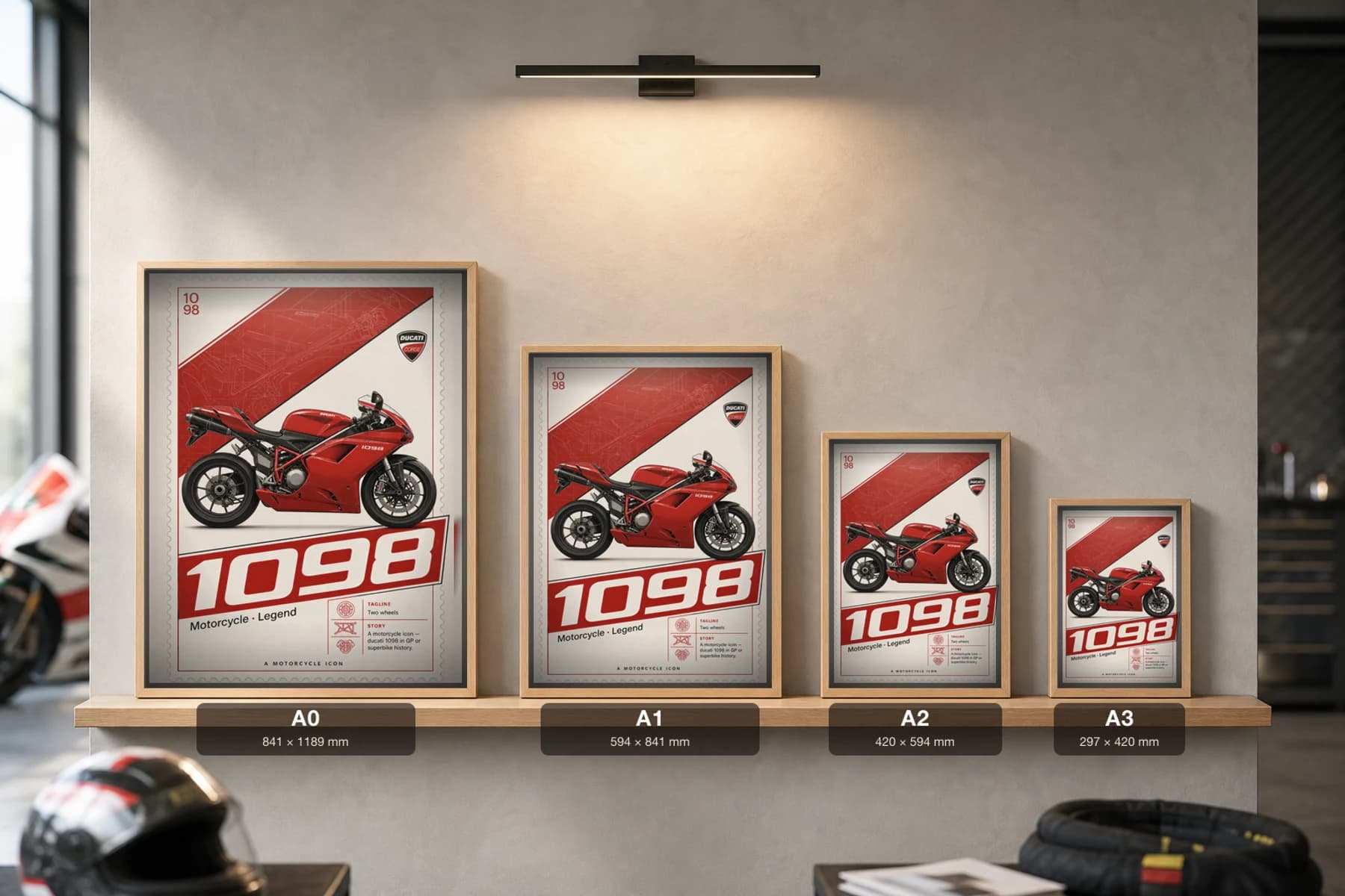 Ducati 1098 Poster — 1098 MotoGP Legends Motorcycle Wall Art · framed A2 — print size guide showing the artwork at A0, A1, A2 and A3 in natural-oak frames at true relative scale