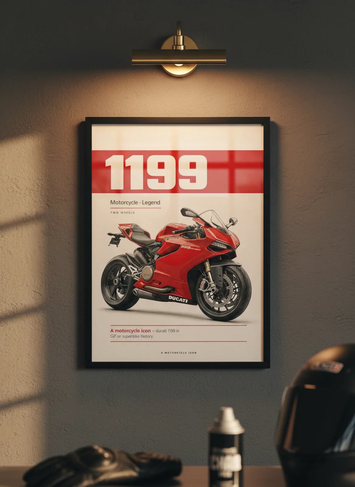 1199 MotoGP Legends print in black A2 frame on ducati-red charcoal garage wall — motorcycle lounge mockup