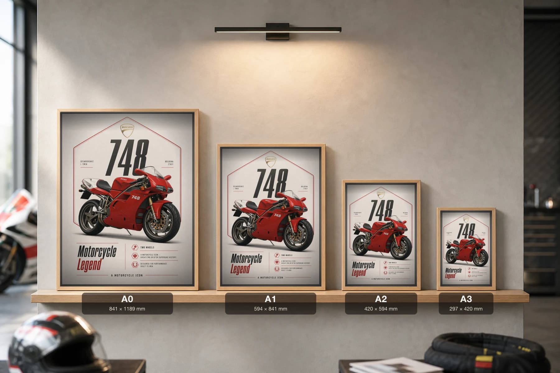 Ducati 748 Poster — Heritage MotoGP Legends Motorcycle Wall Art · framed A2 — print size guide showing the artwork at A0, A1, A2 and A3 in natural-oak frames at true relative scale
