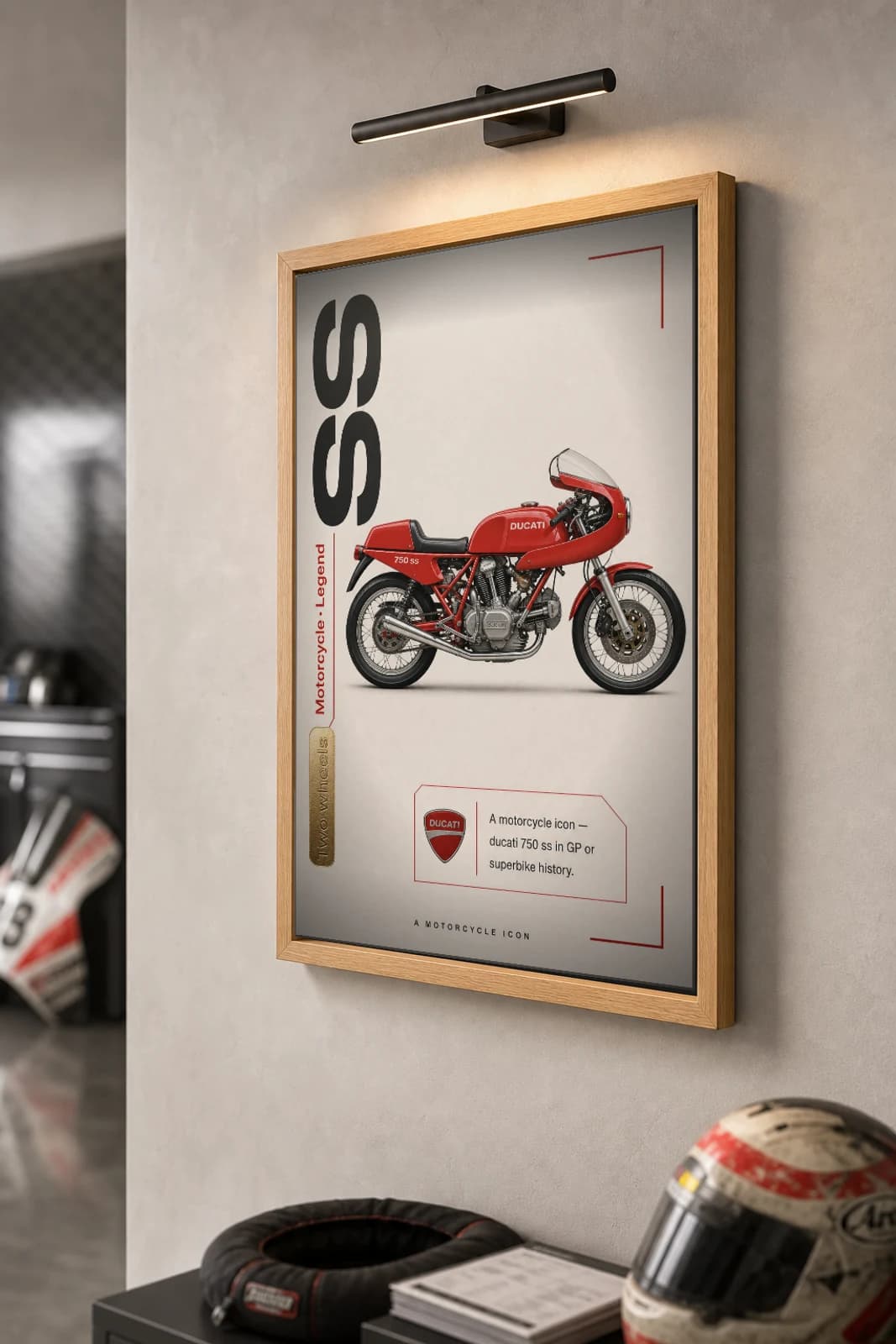 Ducati 750 SS Poster — Heritage MotoGP Legends Motorcycle Wall Art · framed A2 — the framed print shown at a three-quarter angle on a styled gallery wall in a natural-oak frame