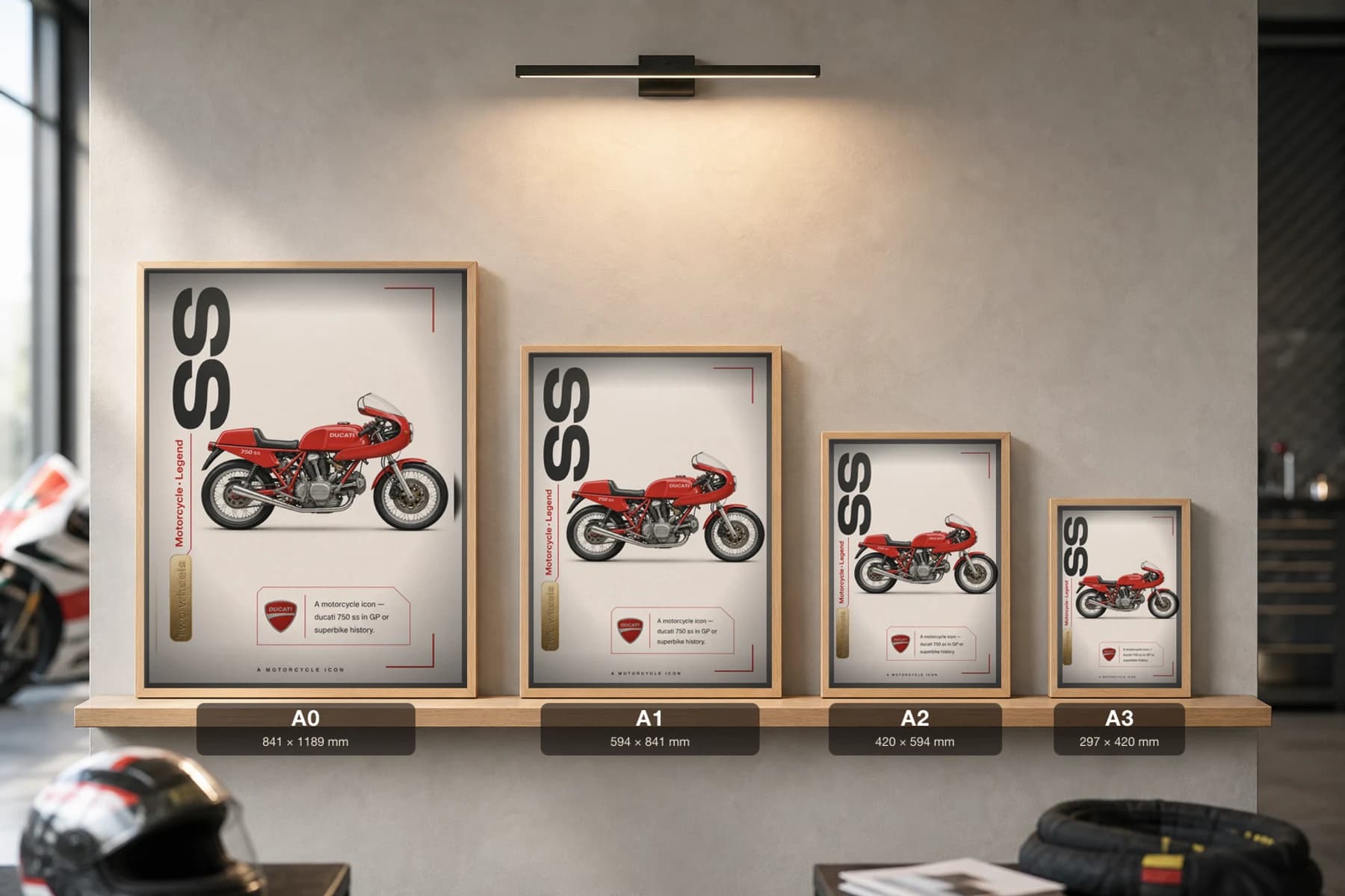 Ducati 750 SS Poster — Heritage MotoGP Legends Motorcycle Wall Art · framed A2 — print size guide showing the artwork at A0, A1, A2 and A3 in natural-oak frames at true relative scale