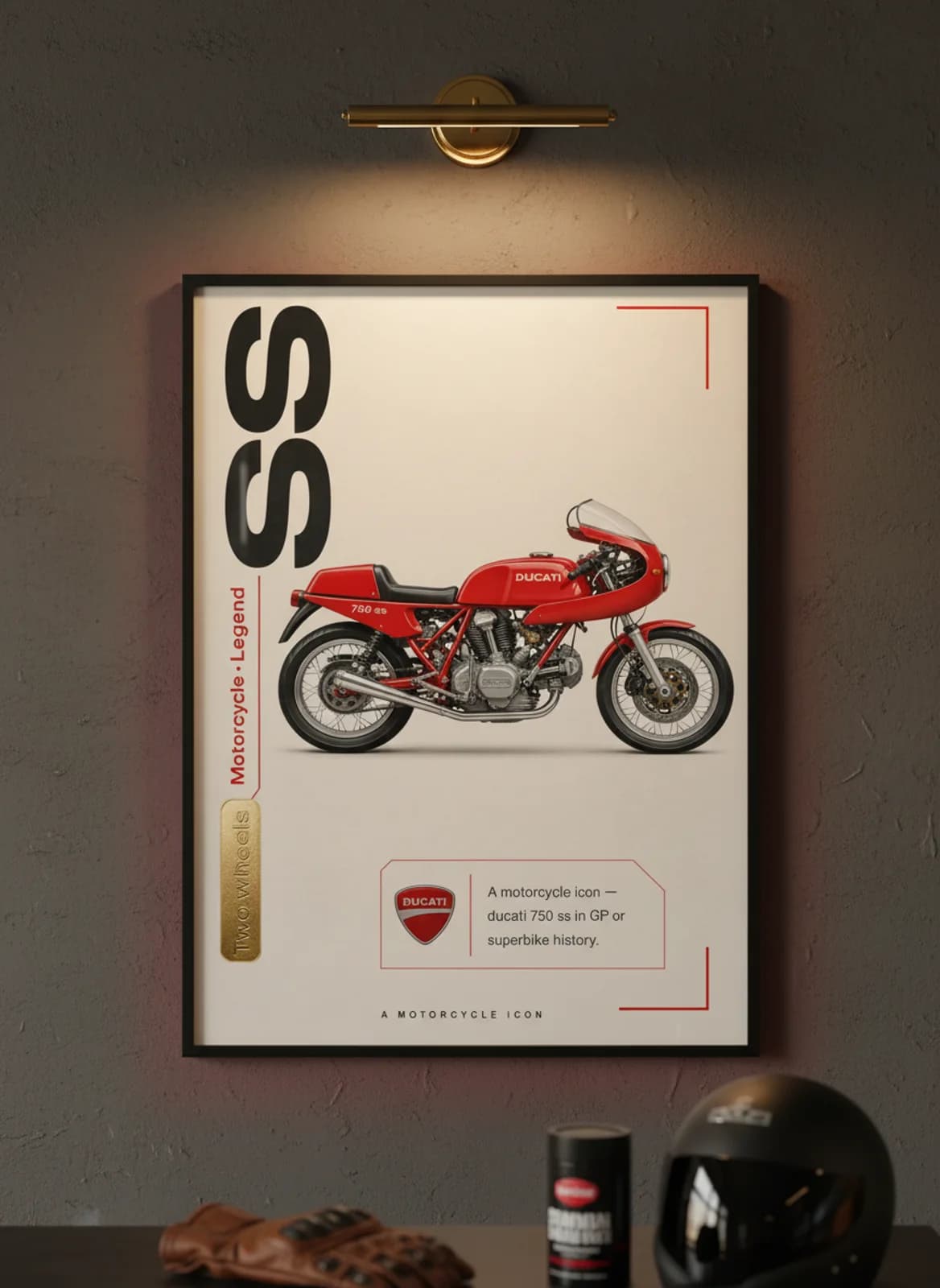 SS MotoGP Legends print in black A2 frame on ducati-red charcoal garage wall — motorcycle lounge mockup