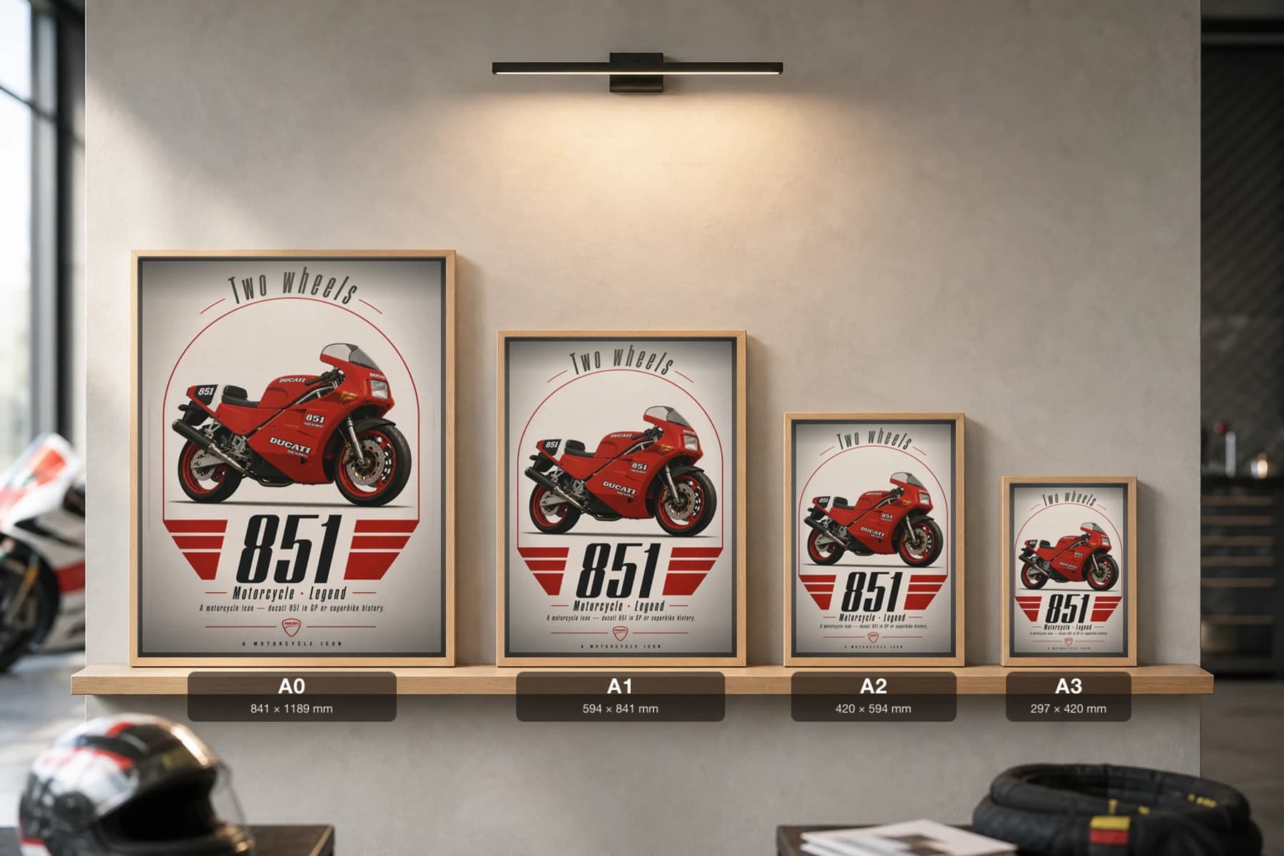 Ducati 851 Poster — Heritage MotoGP Legends Motorcycle Wall Art · framed A2 — print size guide showing the artwork at A0, A1, A2 and A3 in natural-oak frames at true relative scale