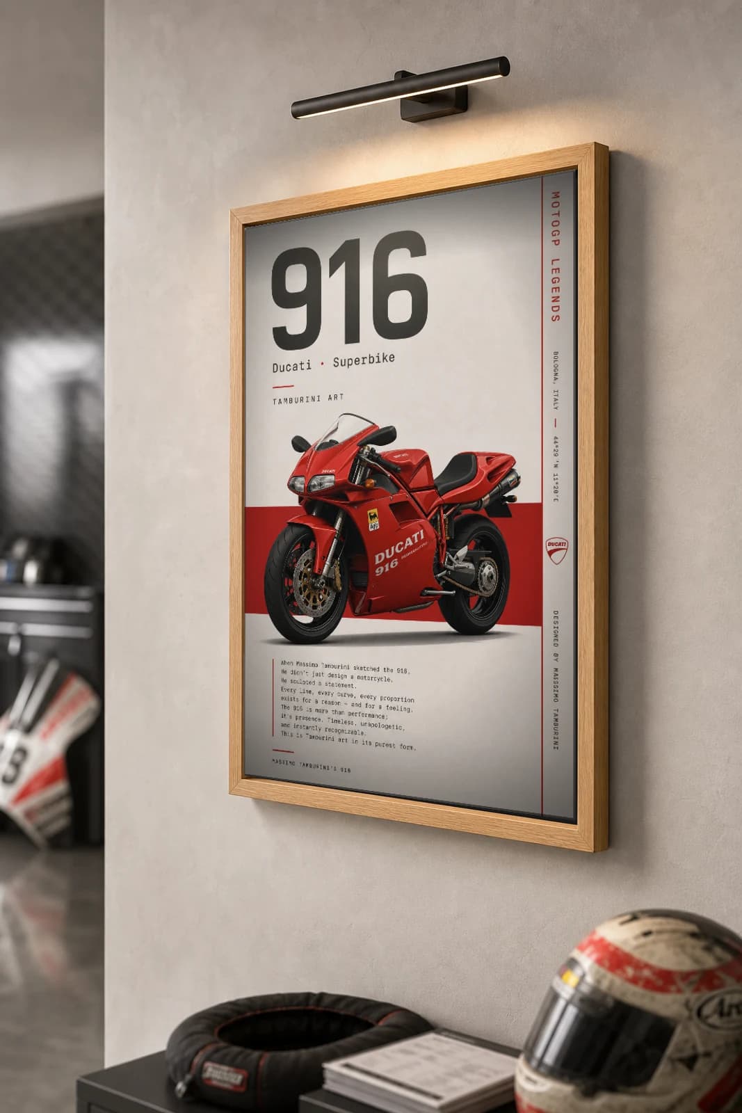 Ducati 916 1994 Poster — 1994 MotoGP Legends Motorcycle Wall Art · framed A2 — the framed print shown at a three-quarter angle on a styled gallery wall in a natural-oak frame
