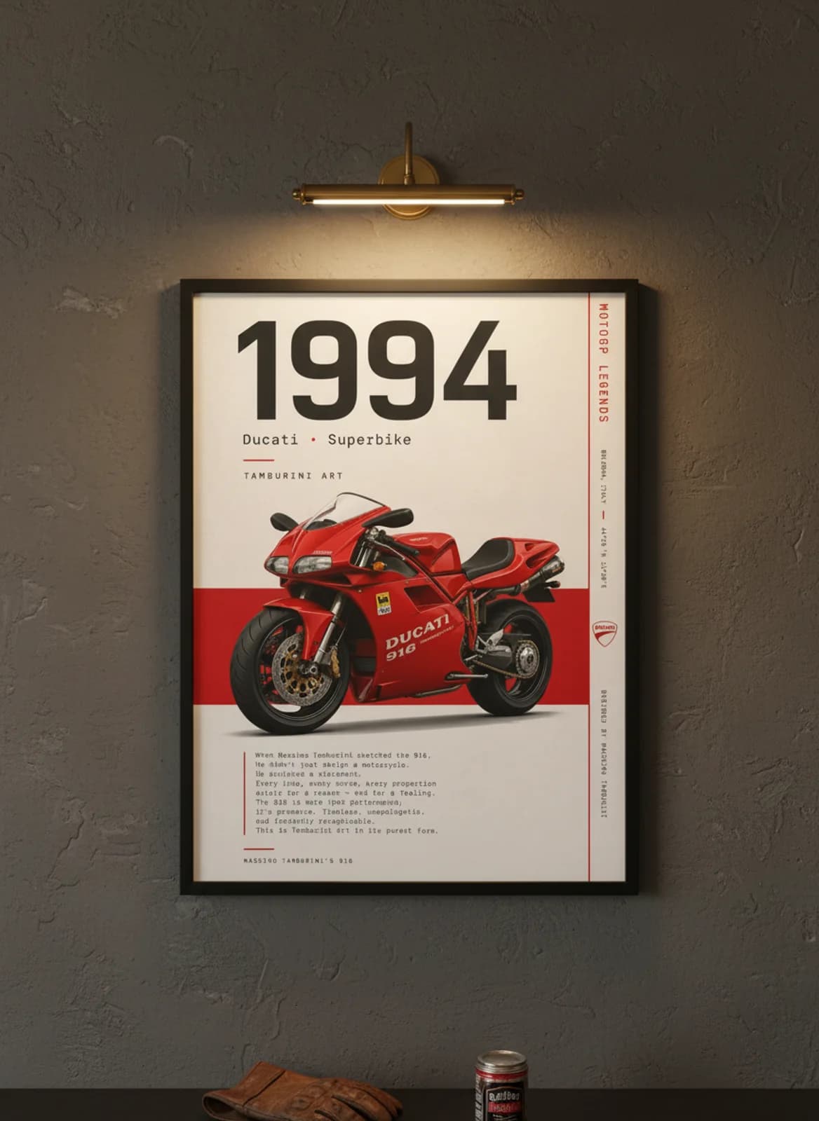 1994 MotoGP Legends print in black A2 frame on ducati-red charcoal garage wall — motorcycle lounge mockup