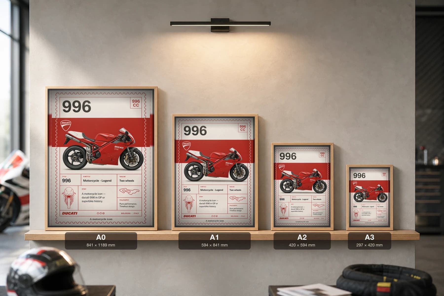 Ducati 996 Poster — Heritage MotoGP Legends Motorcycle Wall Art · framed A2 — print size guide showing the artwork at A0, A1, A2 and A3 in natural-oak frames at true relative scale