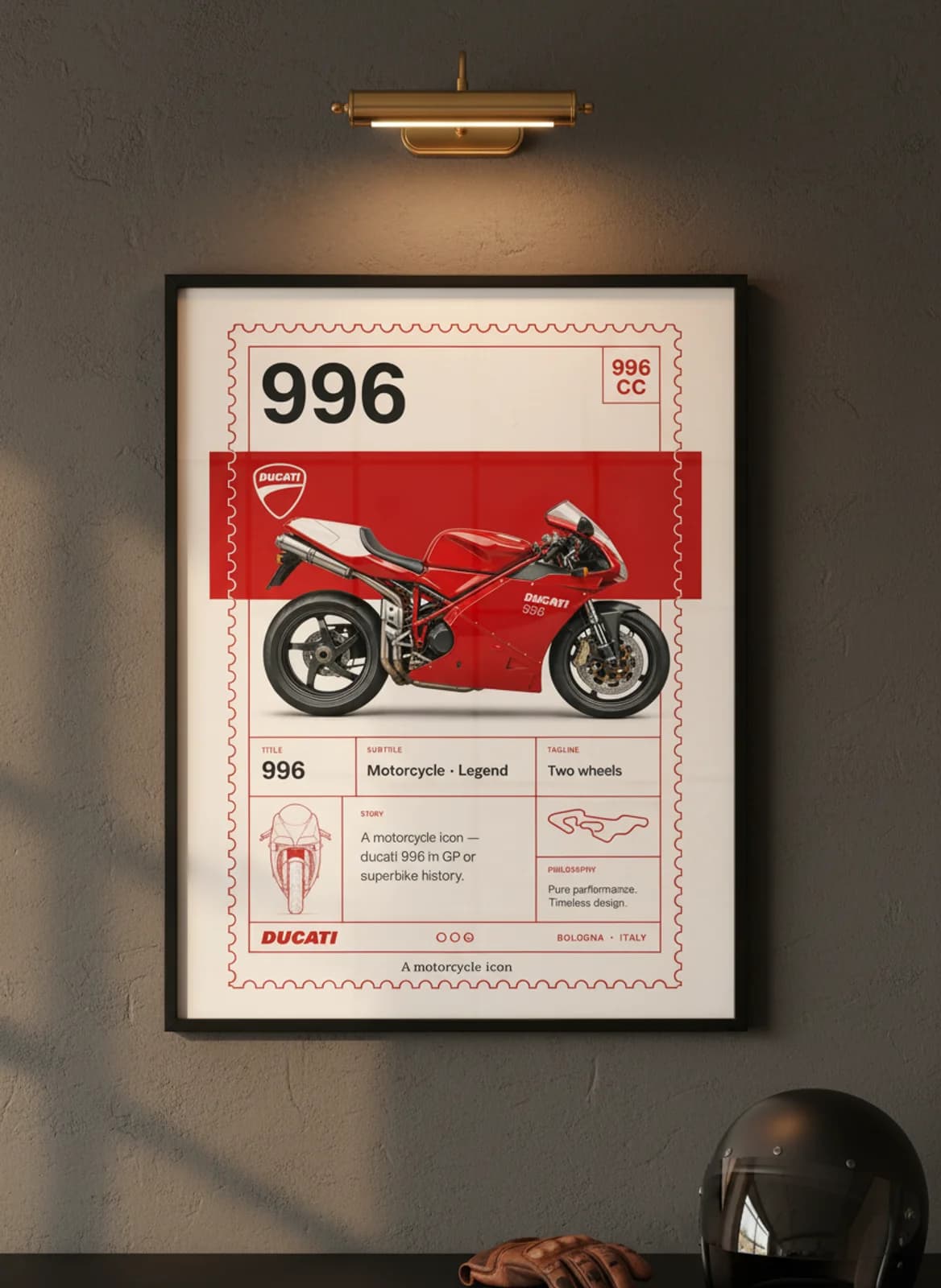 996 MotoGP Legends print in black A2 frame on ducati-red charcoal garage wall — motorcycle lounge mockup
