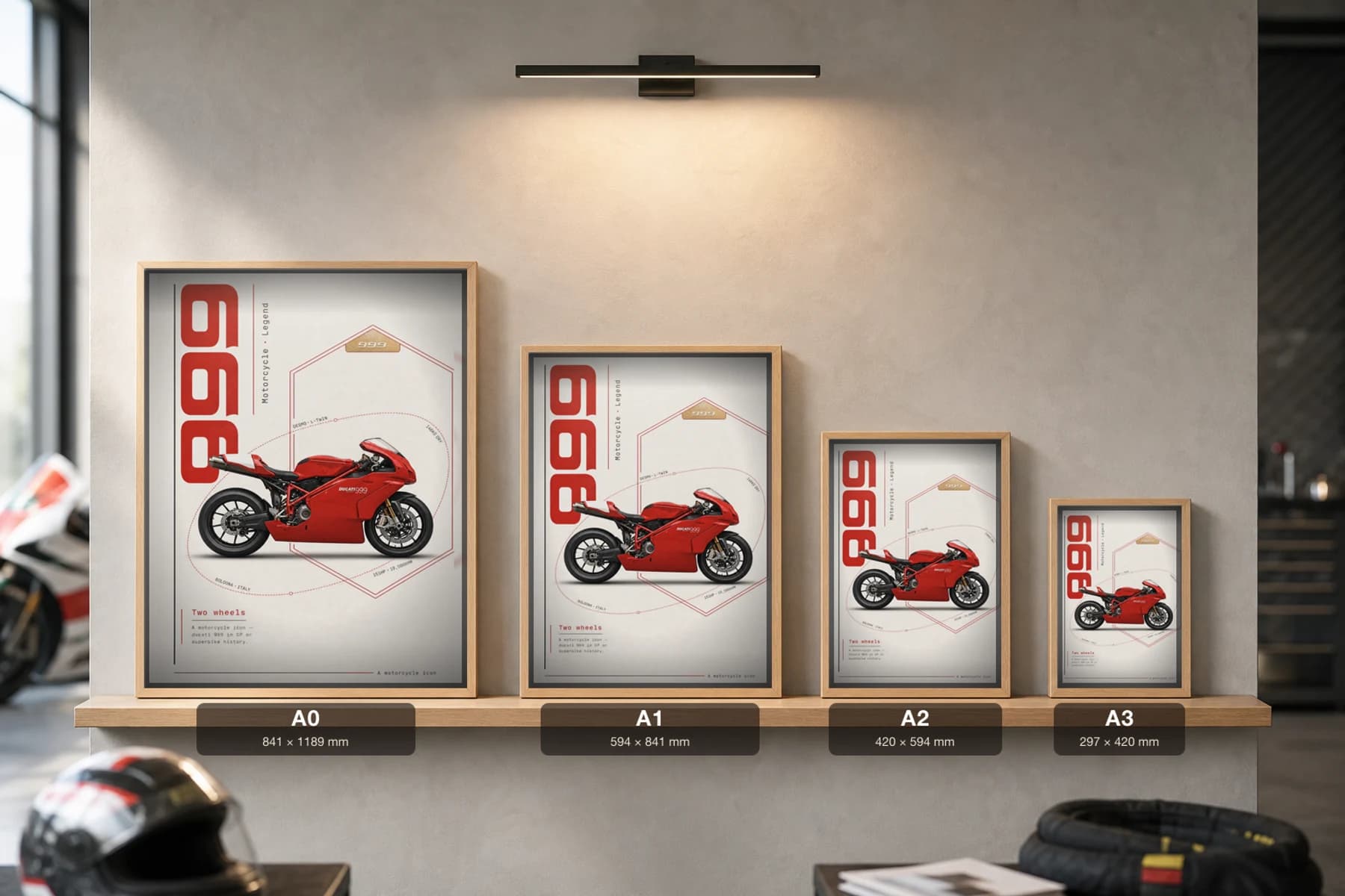 Ducati 999 Poster — Heritage MotoGP Legends Motorcycle Wall Art · framed A2 — print size guide showing the artwork at A0, A1, A2 and A3 in natural-oak frames at true relative scale