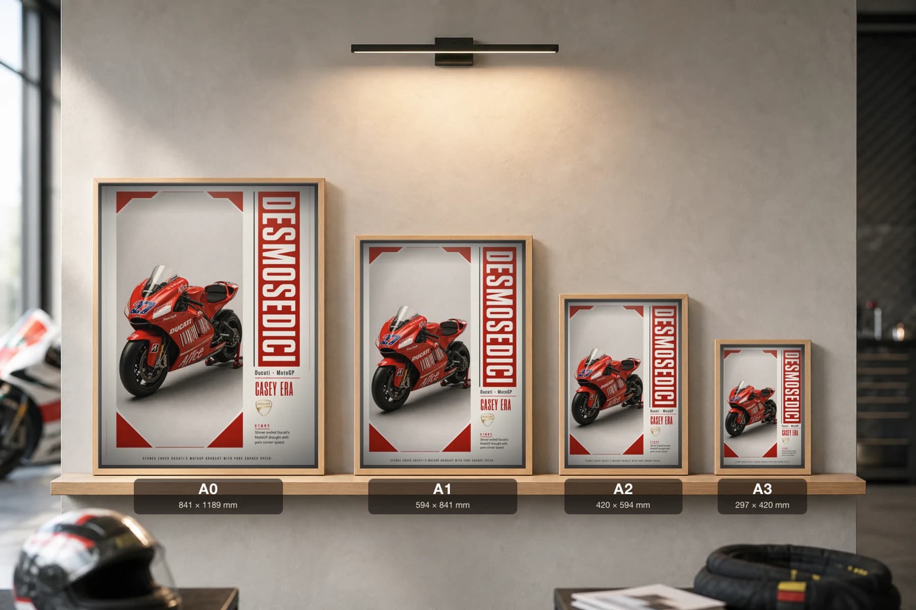 Ducati DESMOSEDICI — Casey Stoner Poster — Heritage MotoGP Legends Motorcycle Wall Art · framed A2 — print size guide showing the artwork at A0, A1, A2 and A3 in natural-oak frames at true relative scale