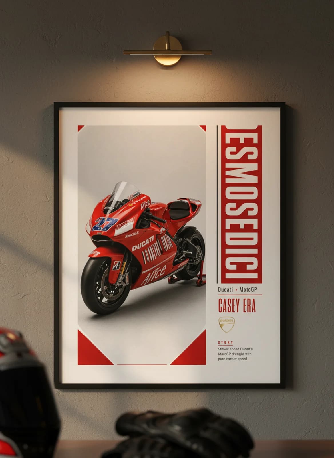 DESMOSEDICI MotoGP Legends print in black A2 frame on ducati-red charcoal garage wall — motorcycle lounge mockup