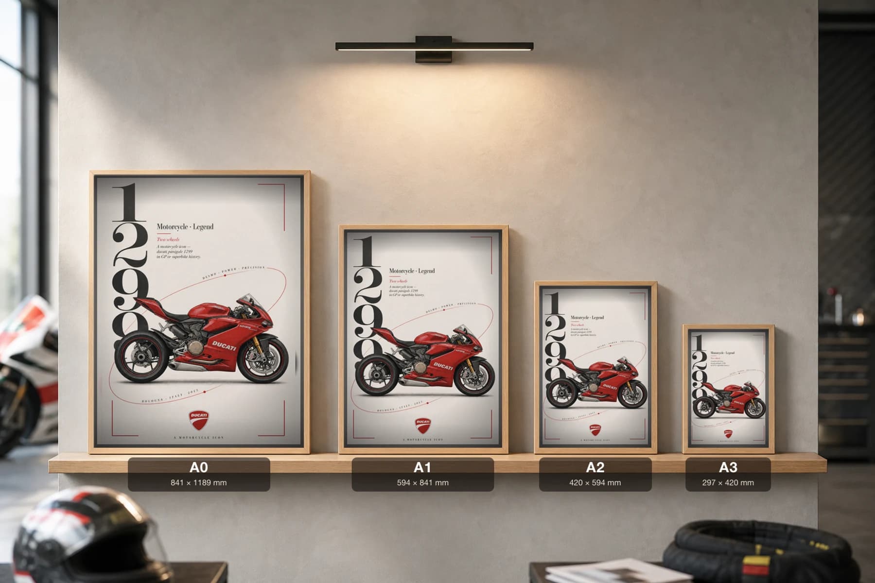 Ducati PANIGALE 1299 Poster — 1299 MotoGP Legends Motorcycle Wall Art · framed A2 — print size guide showing the artwork at A0, A1, A2 and A3 in natural-oak frames at true relative scale