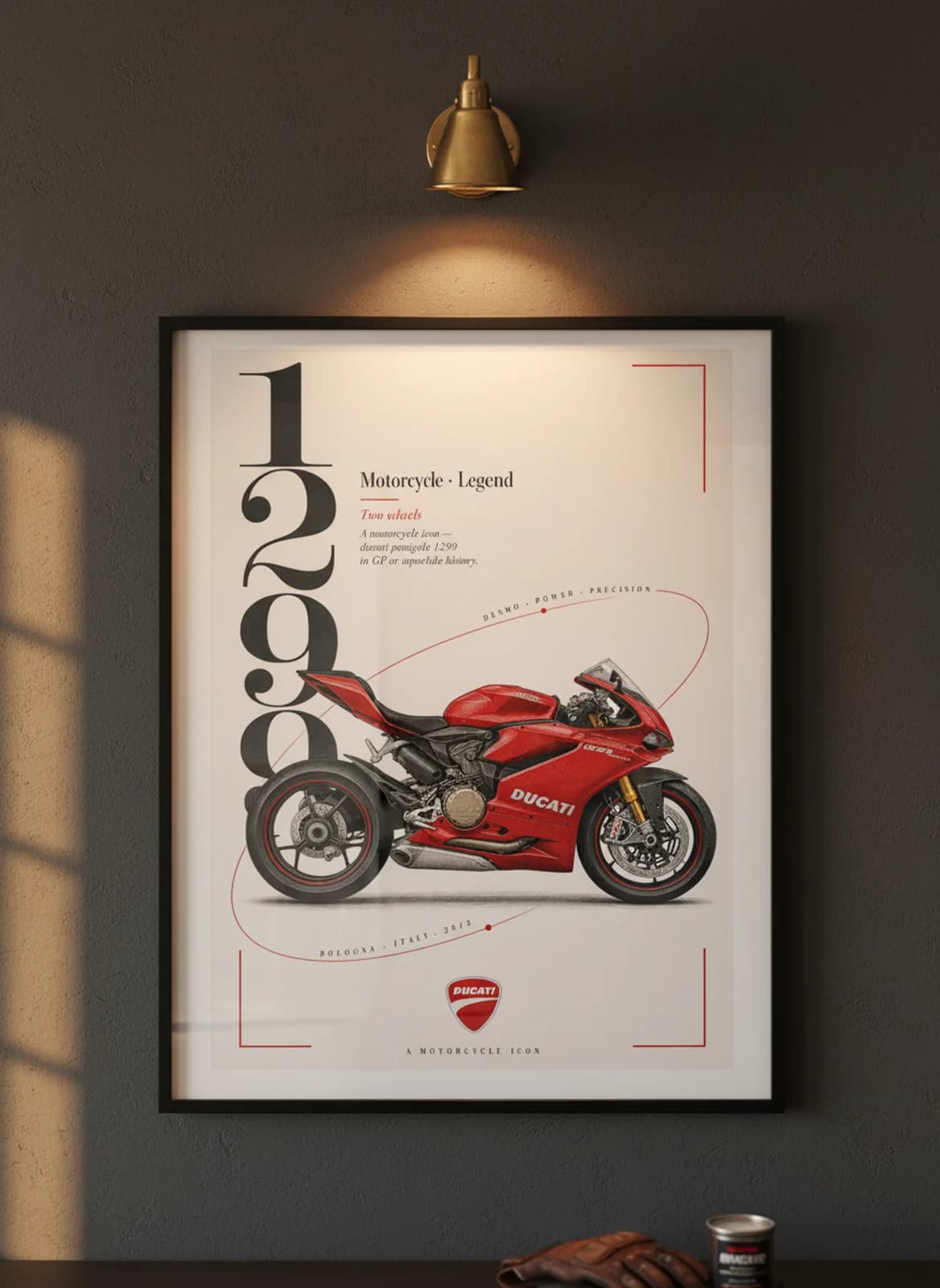 1299 MotoGP Legends print in black A2 frame on ducati-red charcoal garage wall — motorcycle lounge mockup