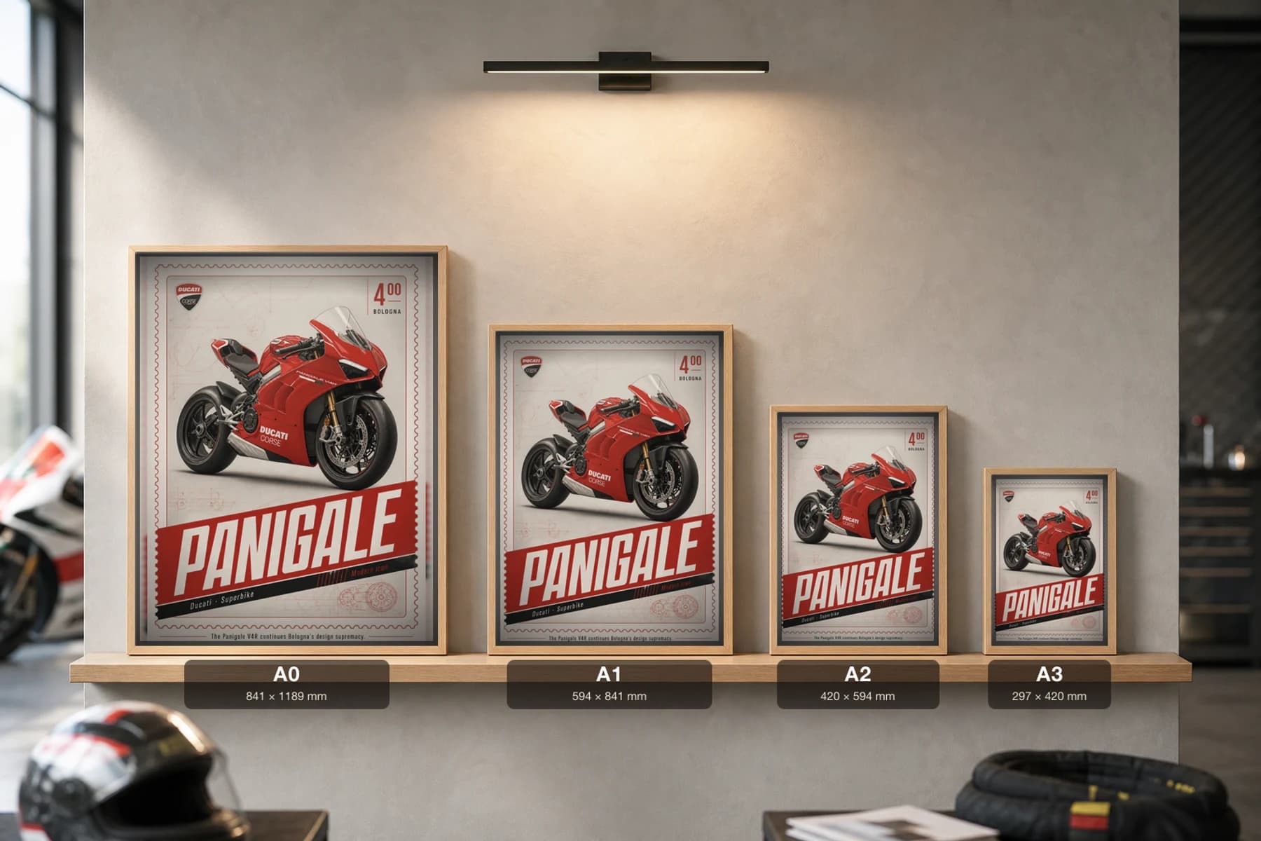 Ducati PANIGALE V4R Poster — Heritage MotoGP Legends Motorcycle Wall Art · framed A2 — print size guide showing the artwork at A0, A1, A2 and A3 in natural-oak frames at true relative scale