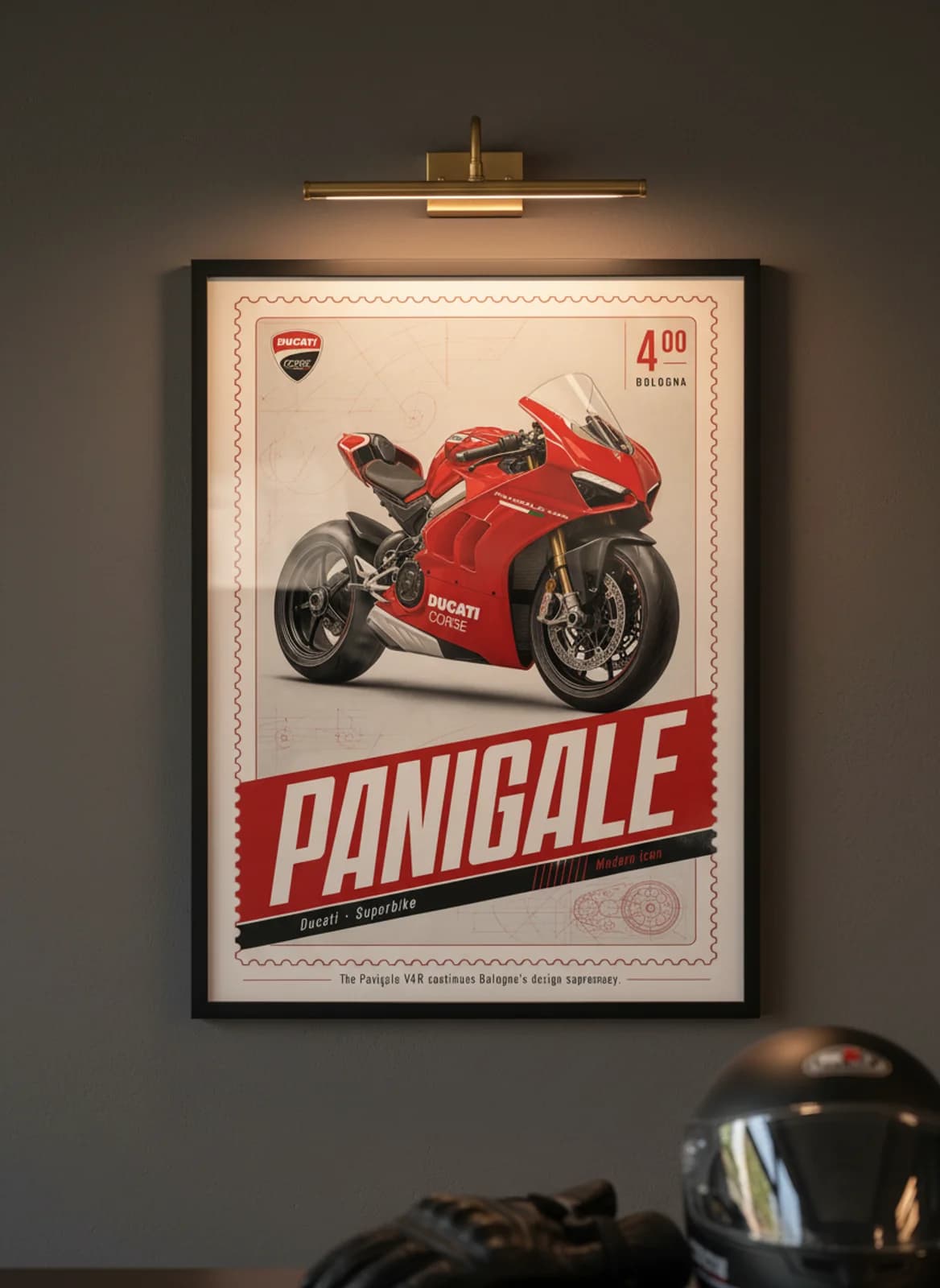 V4R MotoGP Legends print in black A2 frame on ducati-red charcoal garage wall — motorcycle lounge mockup