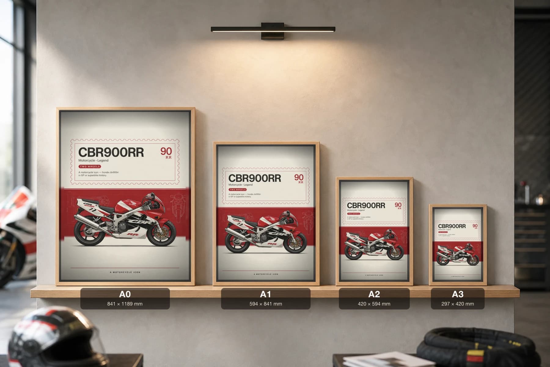 Honda CBR900RR Poster — Heritage MotoGP Legends Motorcycle Wall Art · framed A2 — print size guide showing the artwork at A0, A1, A2 and A3 in natural-oak frames at true relative scale