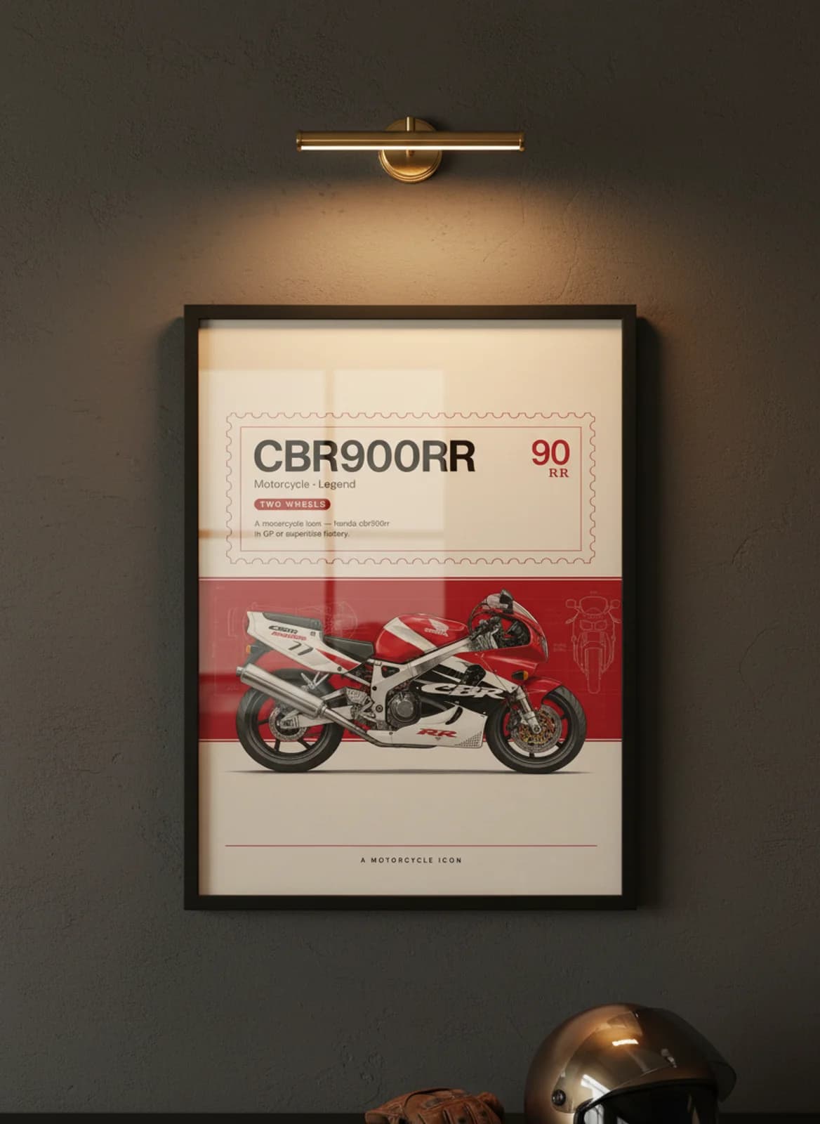 CBR900RR MotoGP Legends print in black A2 frame on honda-red charcoal garage wall — motorcycle lounge mockup