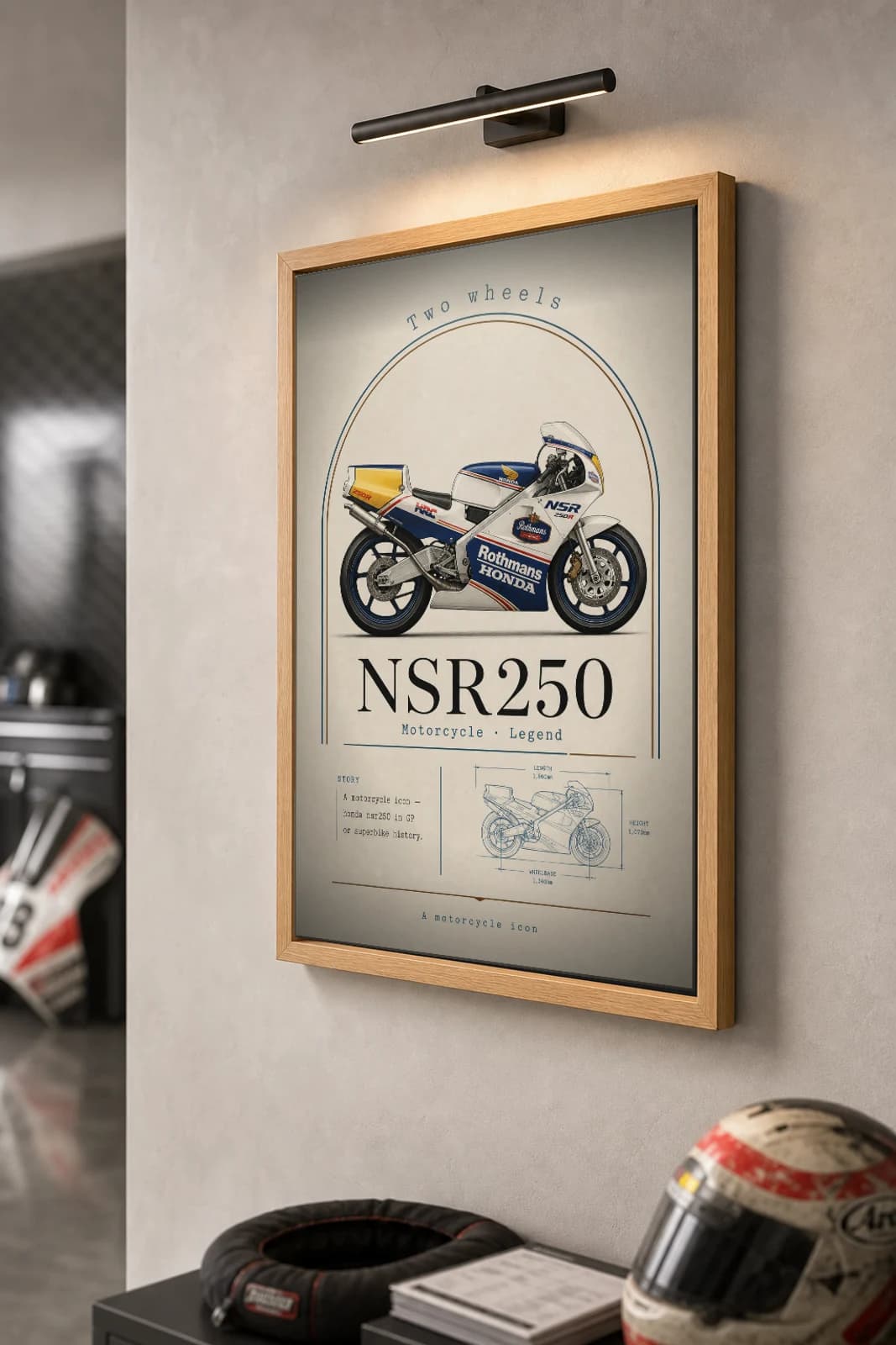 Honda NSR250 Poster — Heritage MotoGP Legends Motorcycle Wall Art · framed A2 — the framed print shown at a three-quarter angle on a styled gallery wall in a natural-oak frame