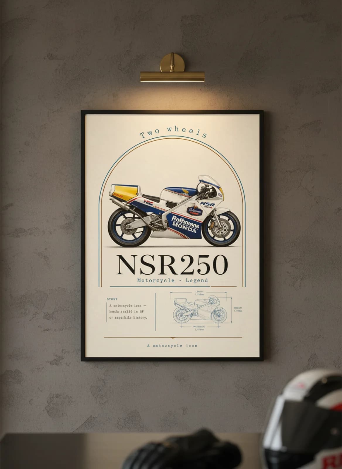 NSR250 MotoGP Legends print in black A2 frame on honda-red charcoal garage wall — motorcycle lounge mockup