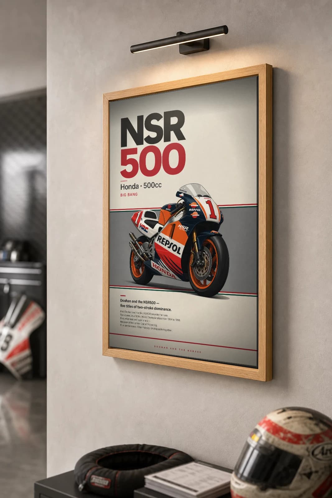 Honda NSR500 — Mick Doohan Poster — Heritage MotoGP Legends Motorcycle Wall Art · framed A2 — the framed print shown at a three-quarter angle on a styled gallery wall in a natural-oak frame
