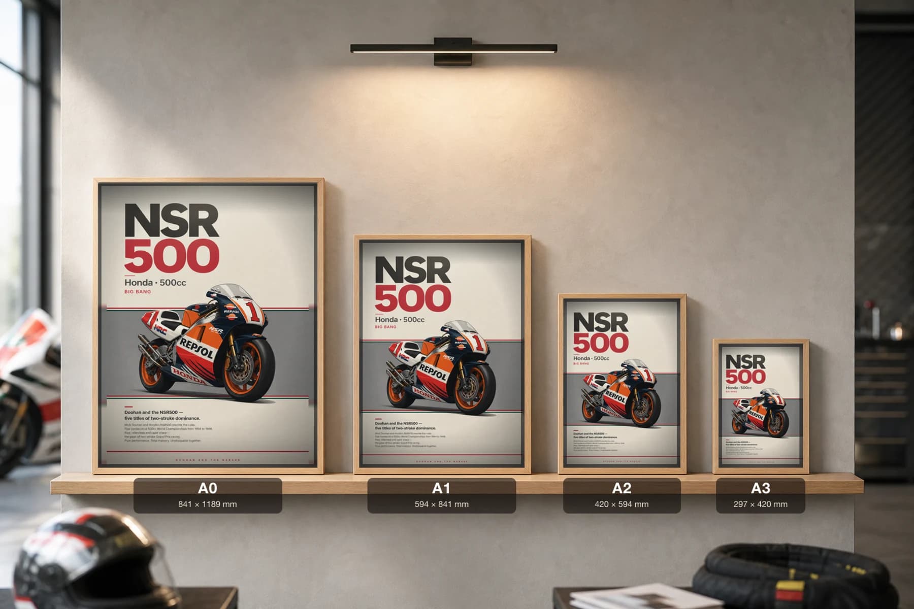 Honda NSR500 — Mick Doohan Poster — Heritage MotoGP Legends Motorcycle Wall Art · framed A2 — print size guide showing the artwork at A0, A1, A2 and A3 in natural-oak frames at true relative scale
