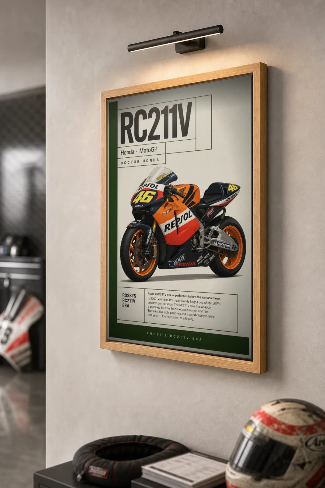 Honda RC211V — Valentino Rossi Poster — Heritage MotoGP Legends Motorcycle Wall Art · framed A2 — the framed print shown at a three-quarter angle on a styled gallery wall in a natural-oak frame