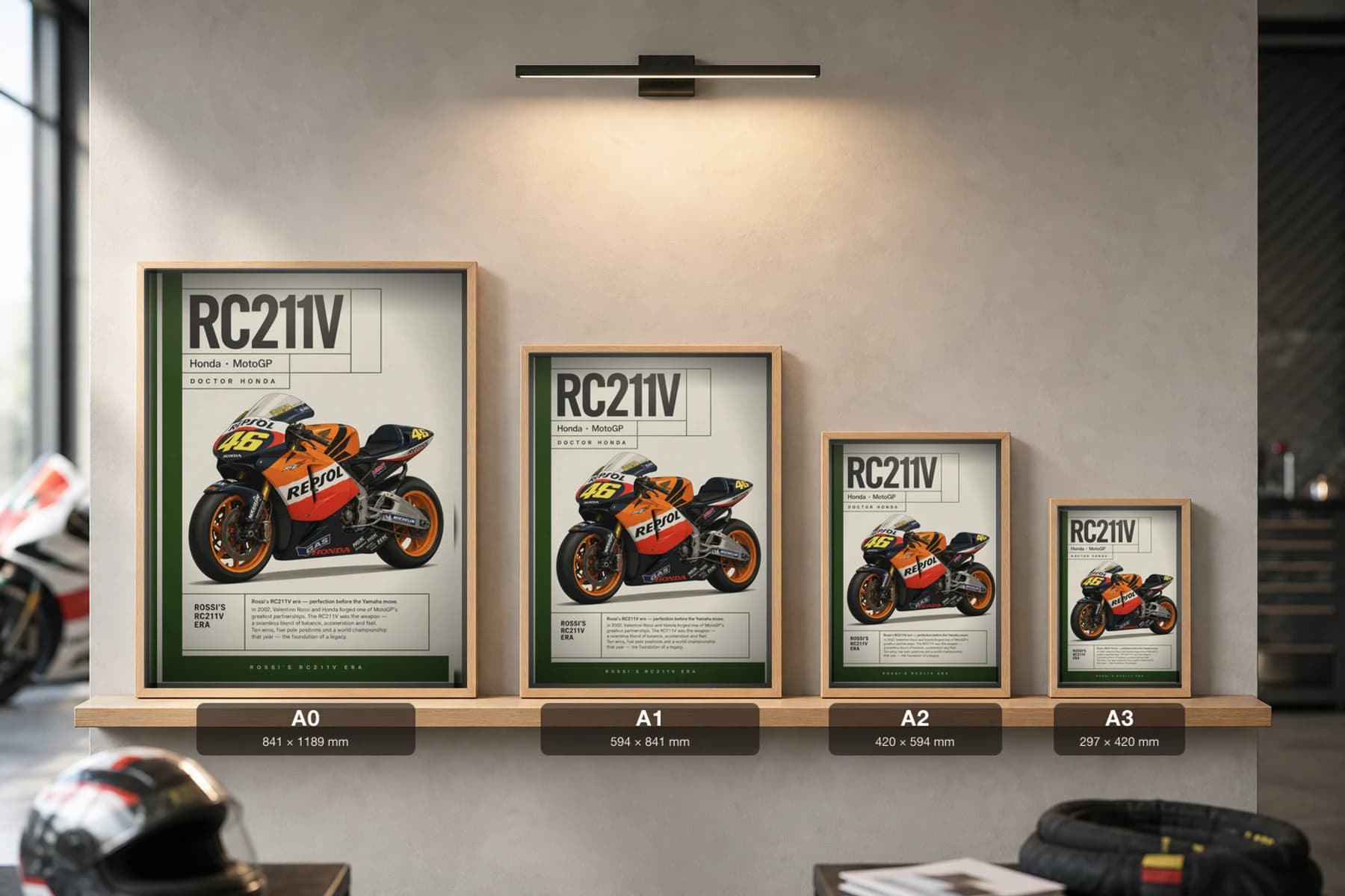 Honda RC211V — Valentino Rossi Poster — Heritage MotoGP Legends Motorcycle Wall Art · framed A2 — print size guide showing the artwork at A0, A1, A2 and A3 in natural-oak frames at true relative scale