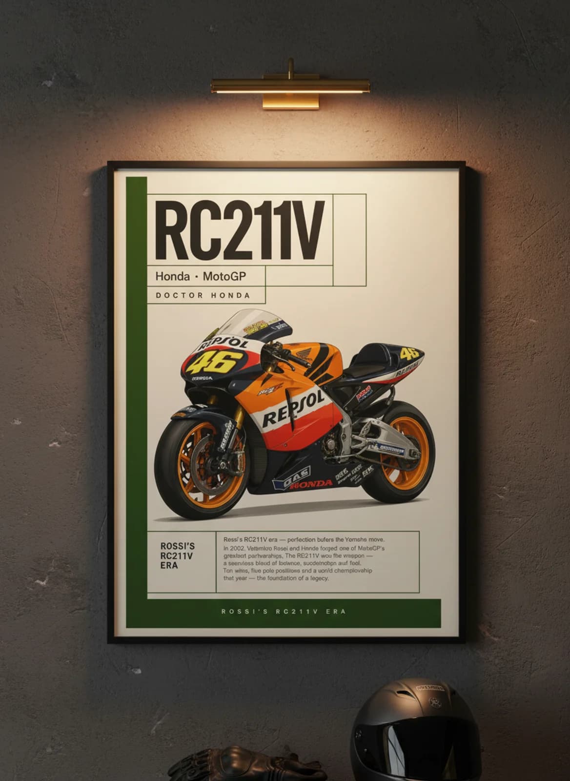 RC211V MotoGP Legends print in black A2 frame on honda-red charcoal garage wall — motorcycle lounge mockup