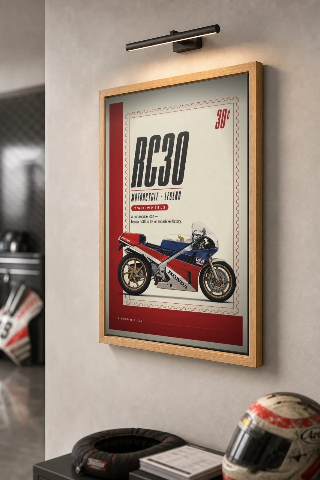 Honda RC30 Poster — Heritage MotoGP Legends Motorcycle Wall Art · framed A2 — the framed print shown at a three-quarter angle on a styled gallery wall in a natural-oak frame