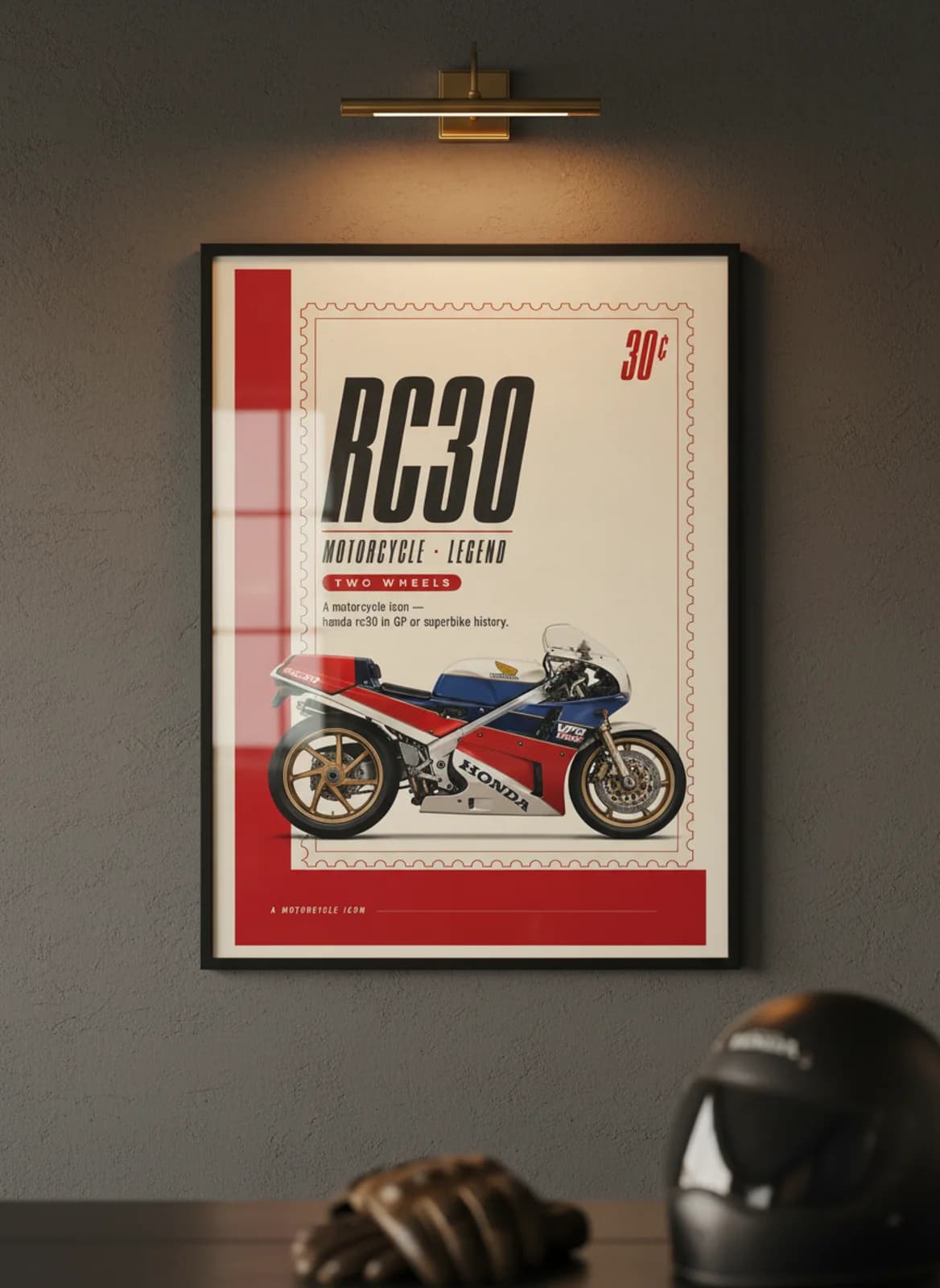 RC30 MotoGP Legends print in black A2 frame on honda-red charcoal garage wall — motorcycle lounge mockup
