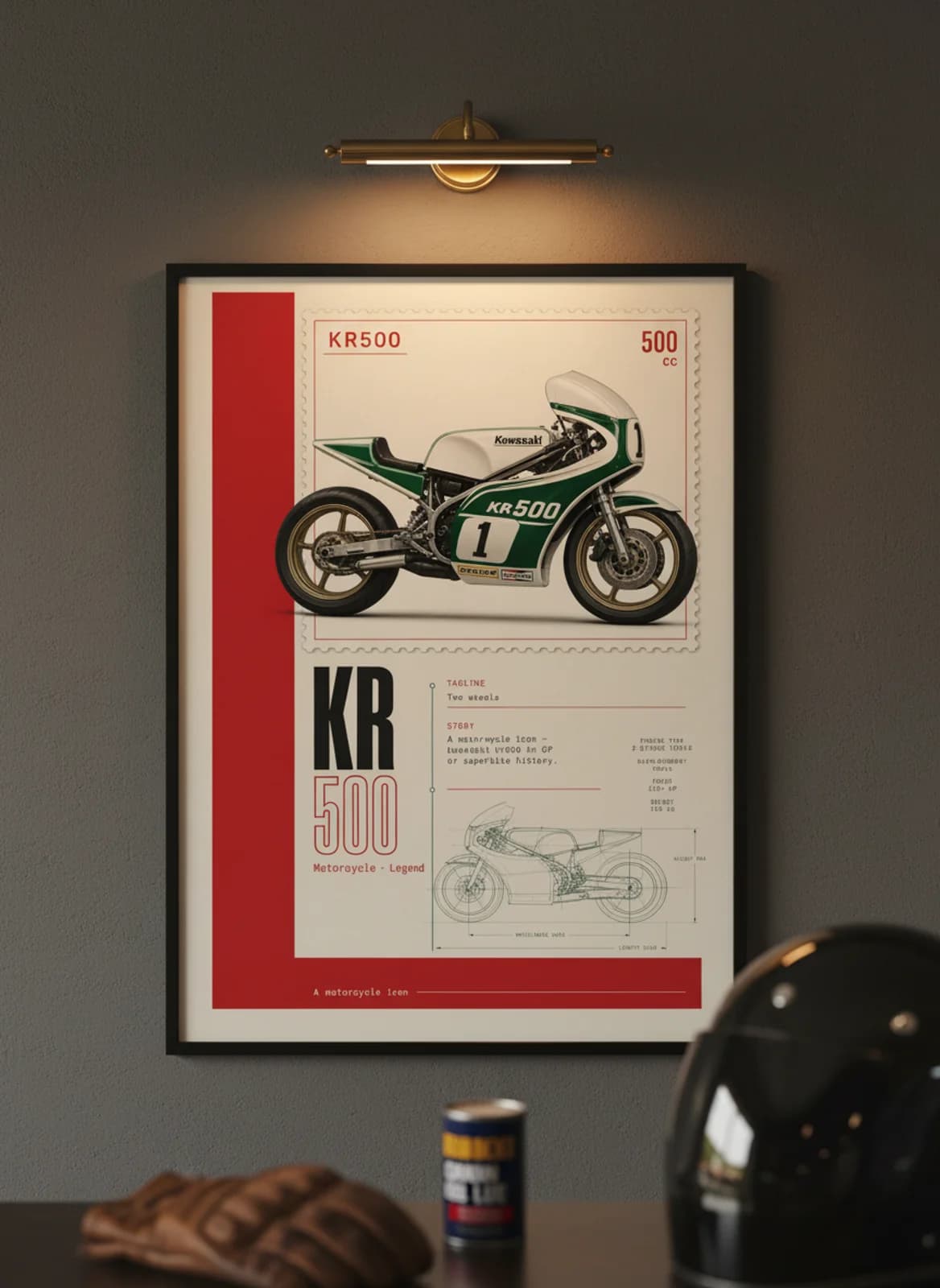 KR500 MotoGP Legends print in black A2 frame on kawasaki-green charcoal garage wall — motorcycle lounge mockup