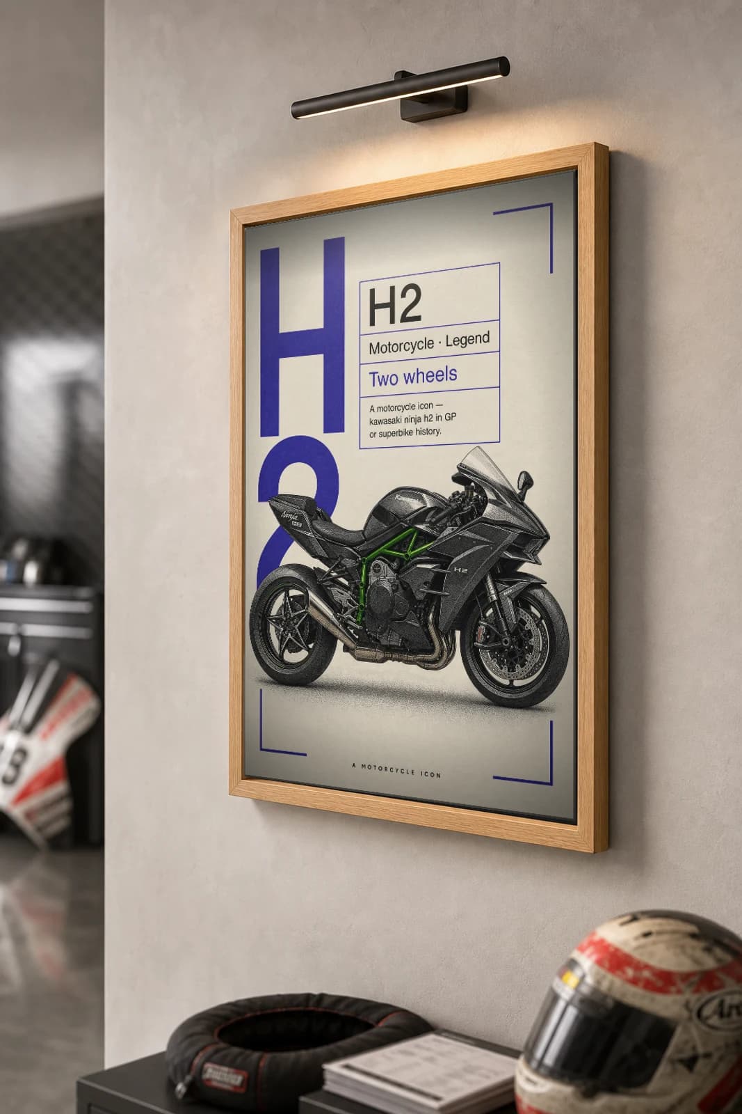 Kawasaki NINJA H2 Poster — Heritage MotoGP Legends Motorcycle Wall Art · framed A2 — the framed print shown at a three-quarter angle on a styled gallery wall in a natural-oak frame