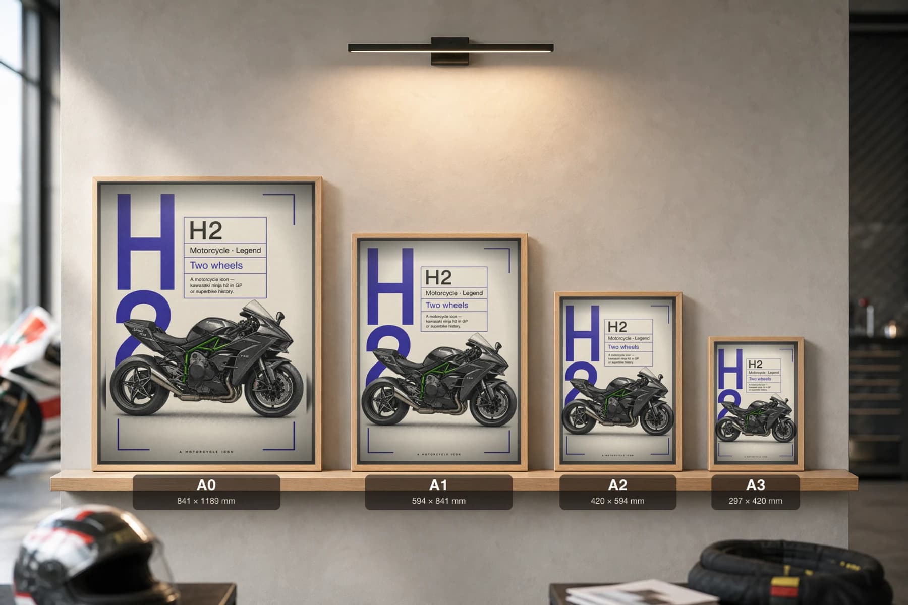 Kawasaki NINJA H2 Poster — Heritage MotoGP Legends Motorcycle Wall Art · framed A2 — print size guide showing the artwork at A0, A1, A2 and A3 in natural-oak frames at true relative scale