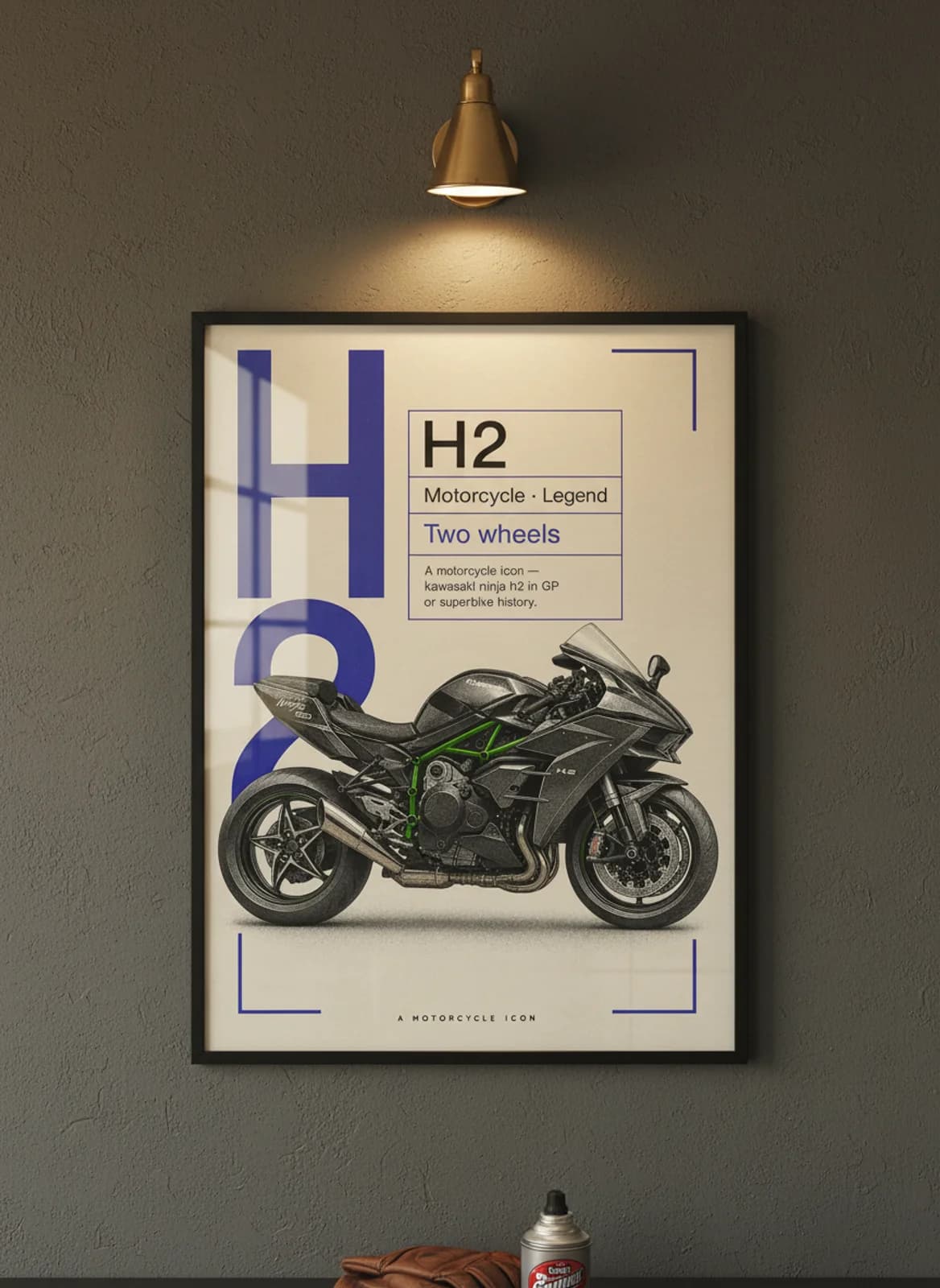 H2 MotoGP Legends print in black A2 frame on kawasaki-green charcoal garage wall — motorcycle lounge mockup