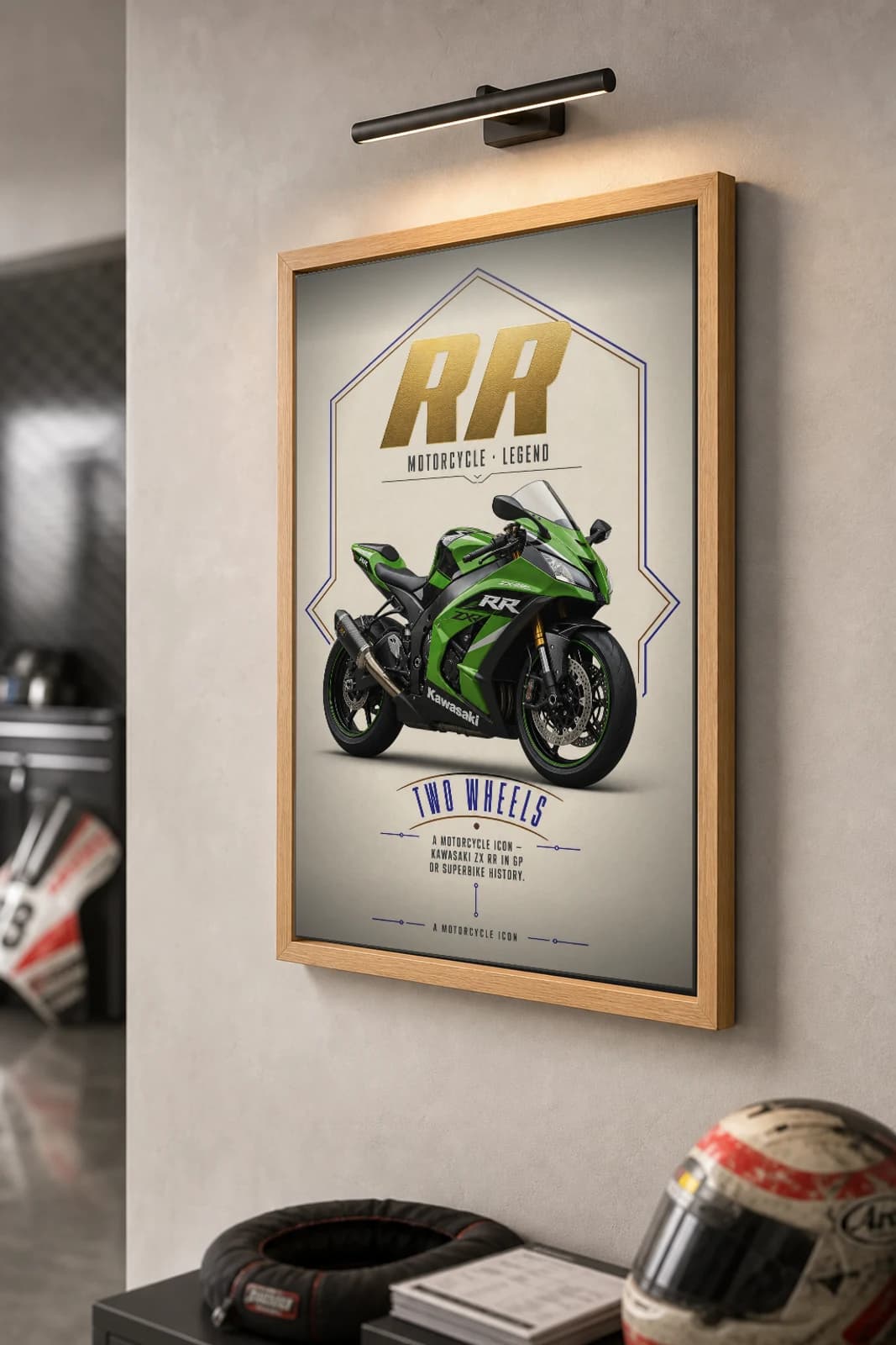 Kawasaki ZX RR Poster — Heritage MotoGP Legends Motorcycle Wall Art · framed A2 — the framed print shown at a three-quarter angle on a styled gallery wall in a natural-oak frame