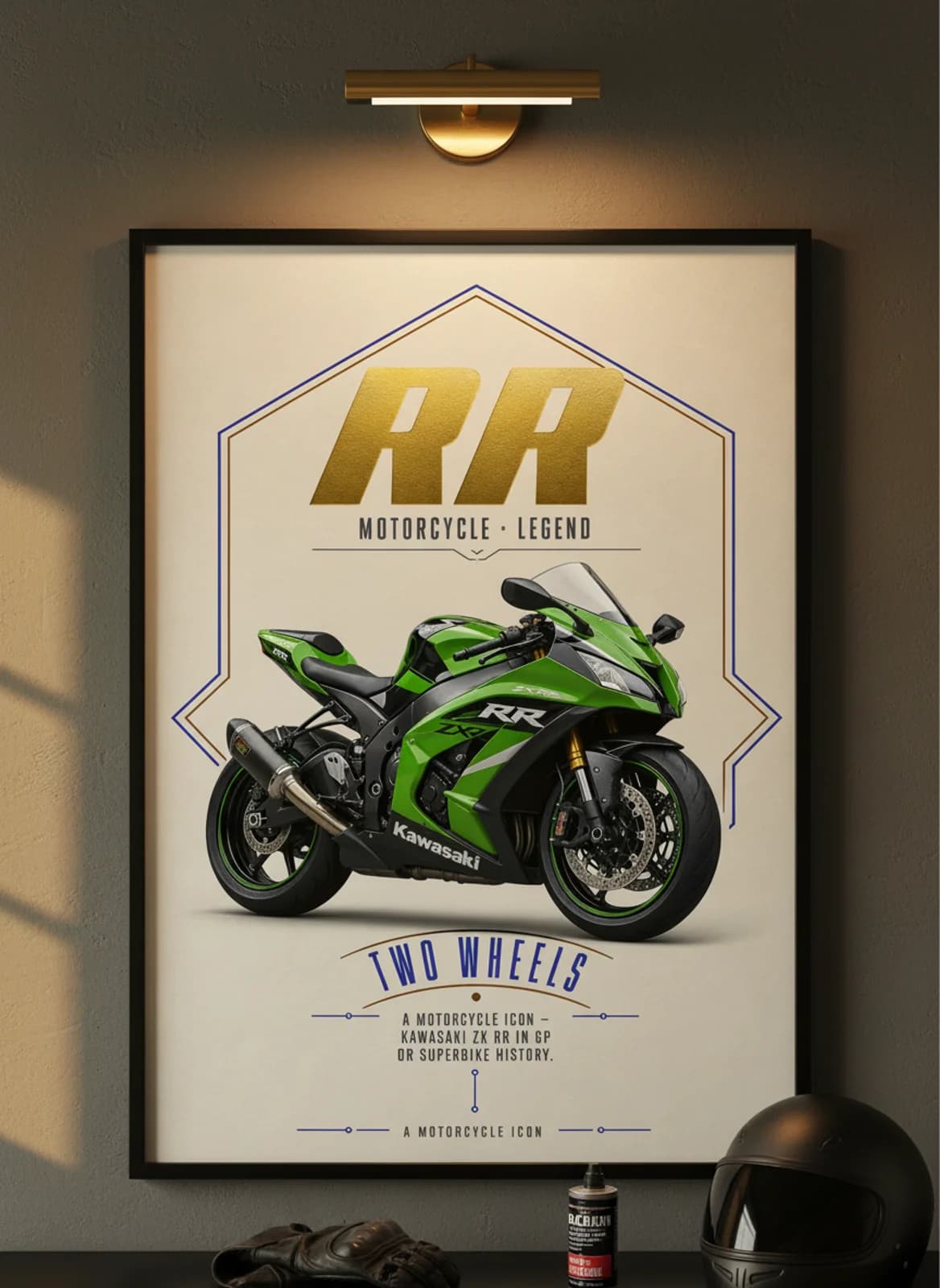 RR MotoGP Legends print in black A2 frame on kawasaki-green charcoal garage wall — motorcycle lounge mockup