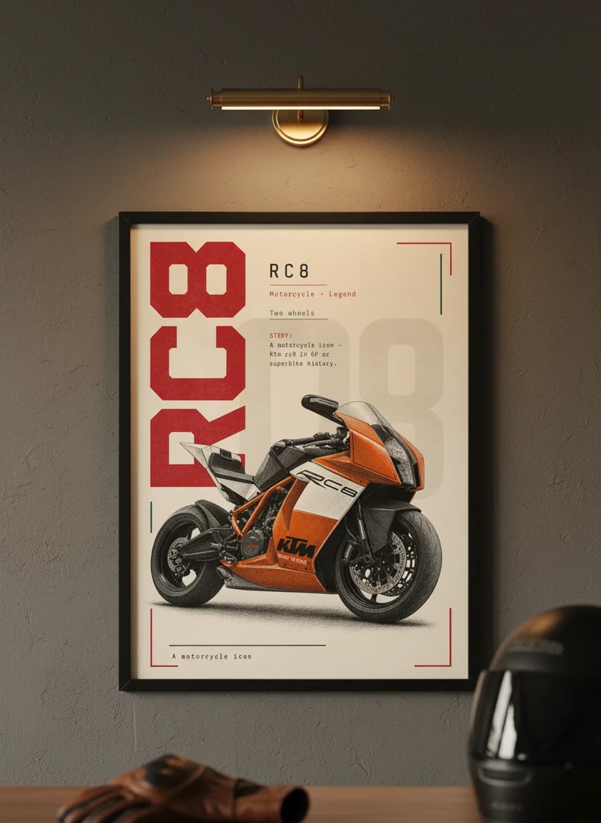 RC8 MotoGP Legends print in black A2 frame on ktm-orange charcoal garage wall — motorcycle lounge mockup