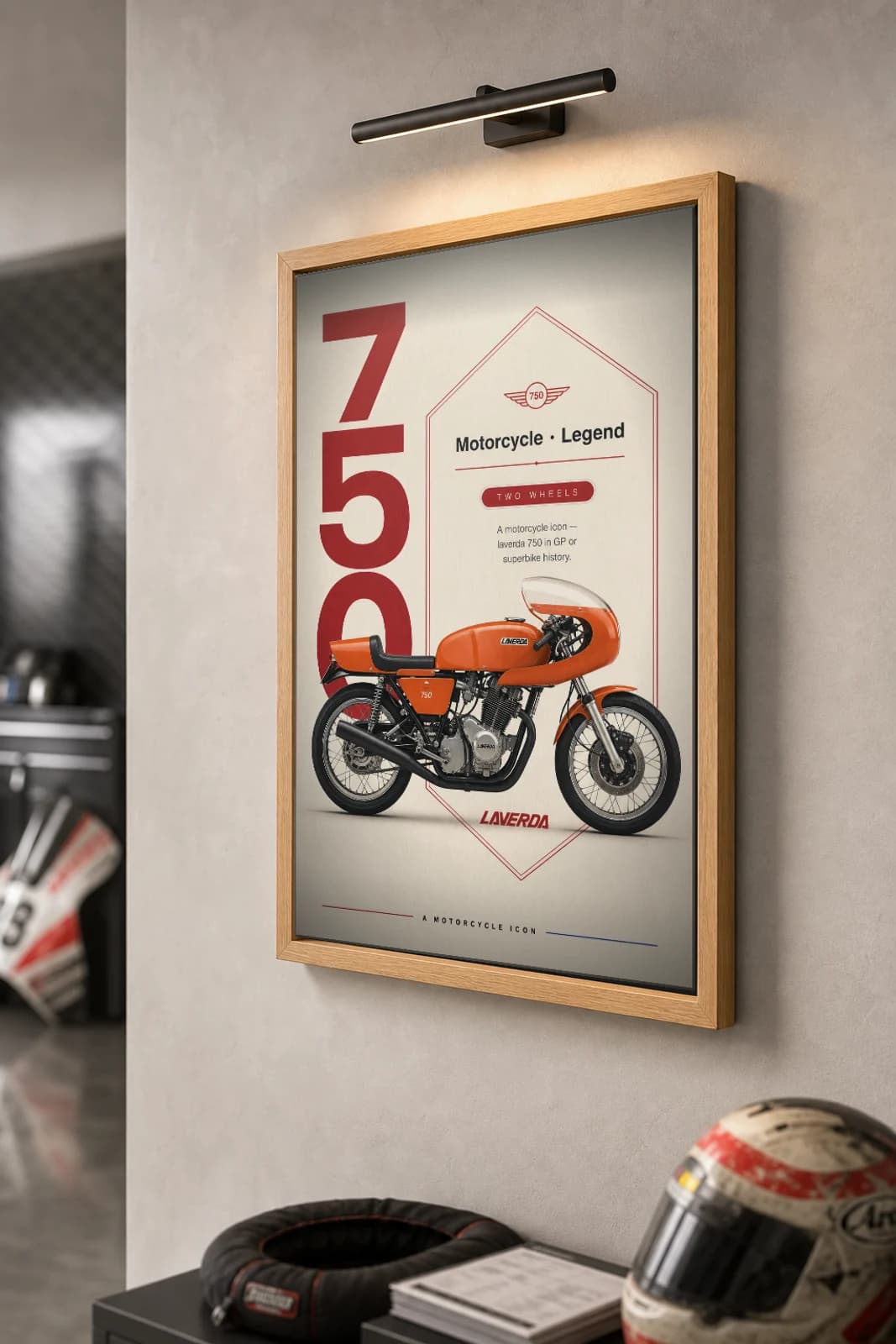 Laverda 750 Poster — Heritage MotoGP Legends Motorcycle Wall Art · framed A2 — the framed print shown at a three-quarter angle on a styled gallery wall in a natural-oak frame