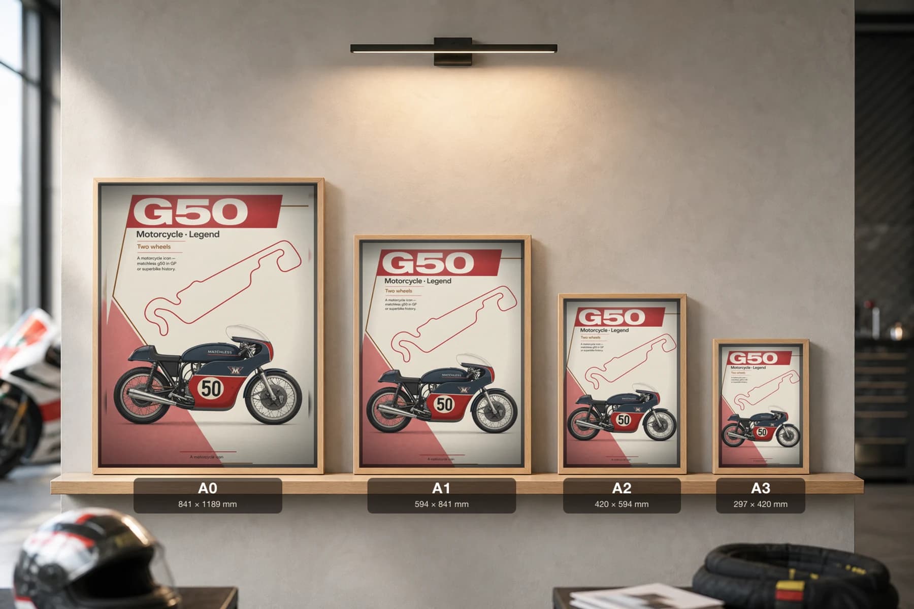 Matchless G50 Poster — Heritage MotoGP Legends Motorcycle Wall Art · framed A2 — print size guide showing the artwork at A0, A1, A2 and A3 in natural-oak frames at true relative scale