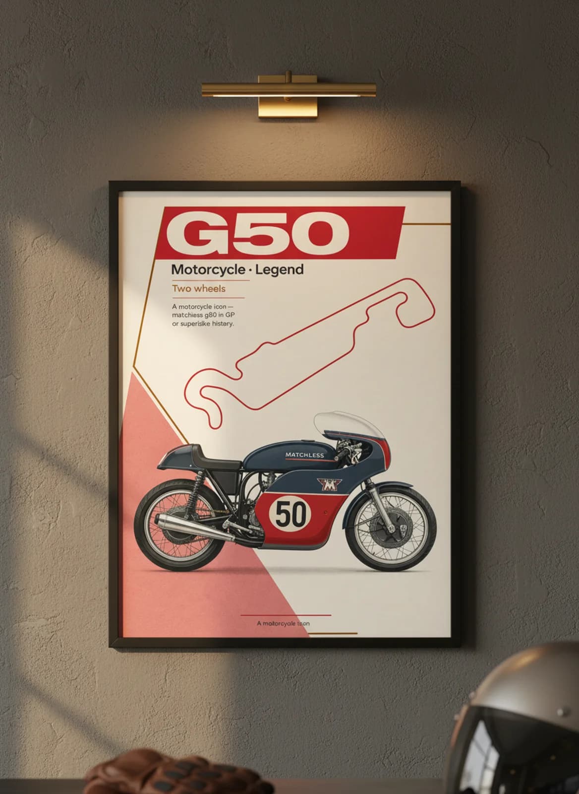 G50 MotoGP Legends print in black A2 frame on matchless-green charcoal garage wall — motorcycle lounge mockup